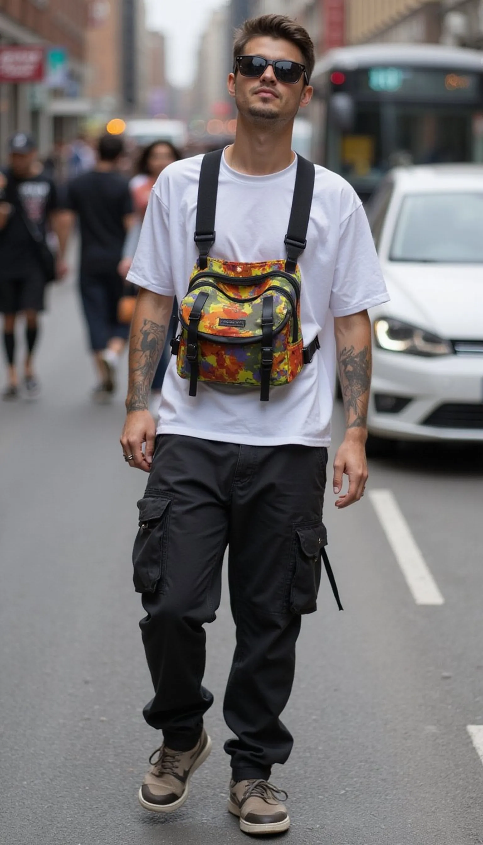 Utility-chic: cargo pants with colorful harness bag