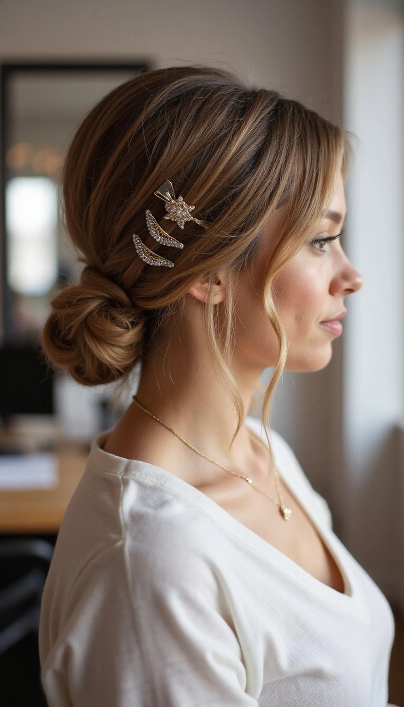 Low Chignon Secured With Decorative Barrette