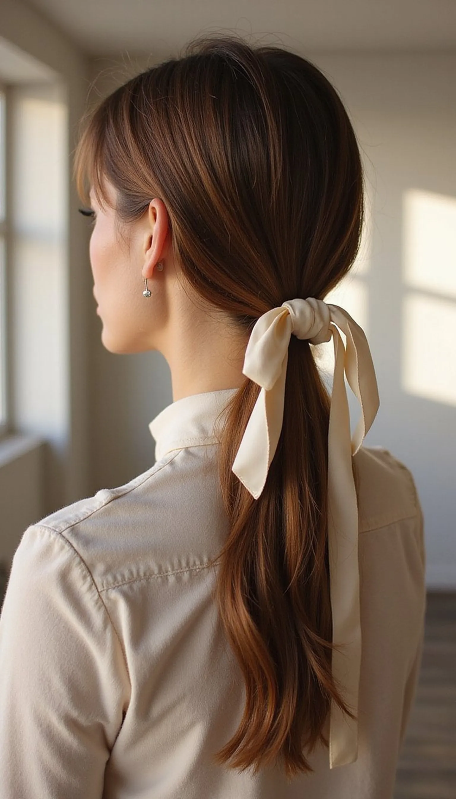 Ribbon-Tied Ponytail For A Soft Professional Finish