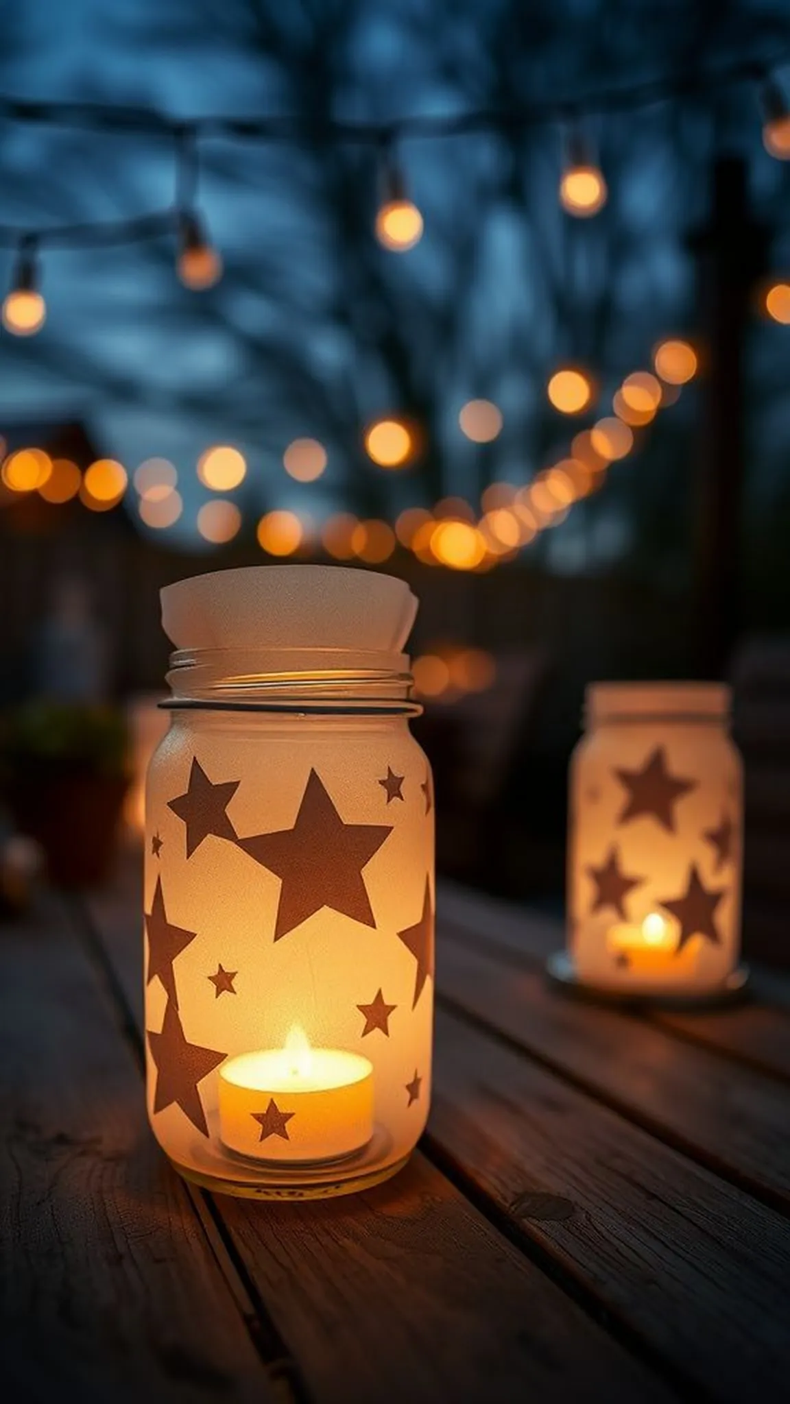 Mason jar lanterns with star-cut wraps