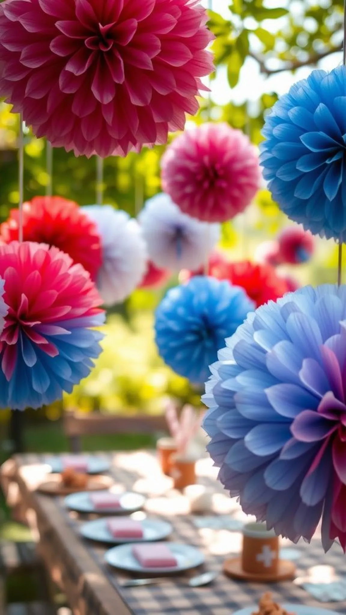 Puffy tissue paper pom-poms over the picnic table
