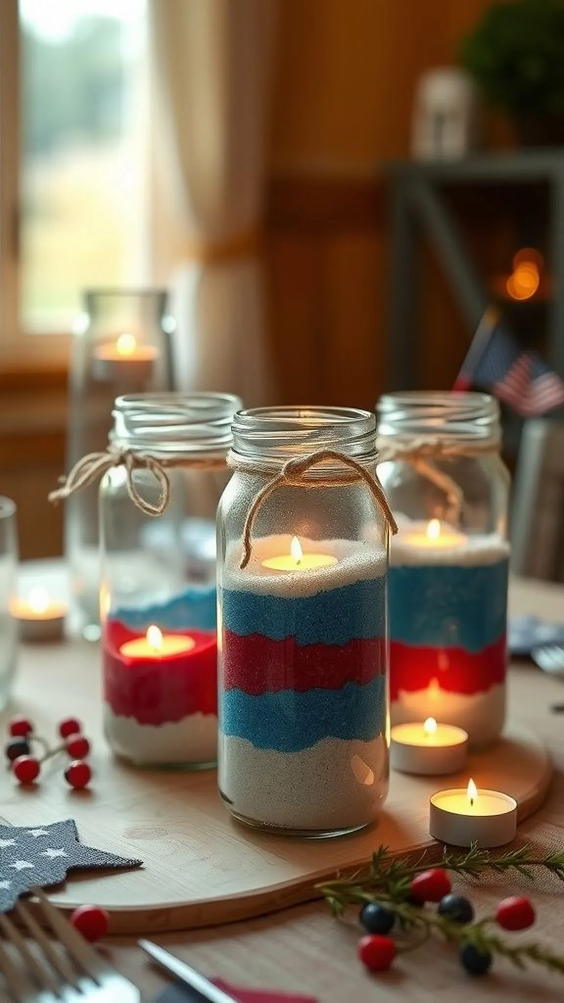 Rustic Mason jar centerpiece with layered fillers