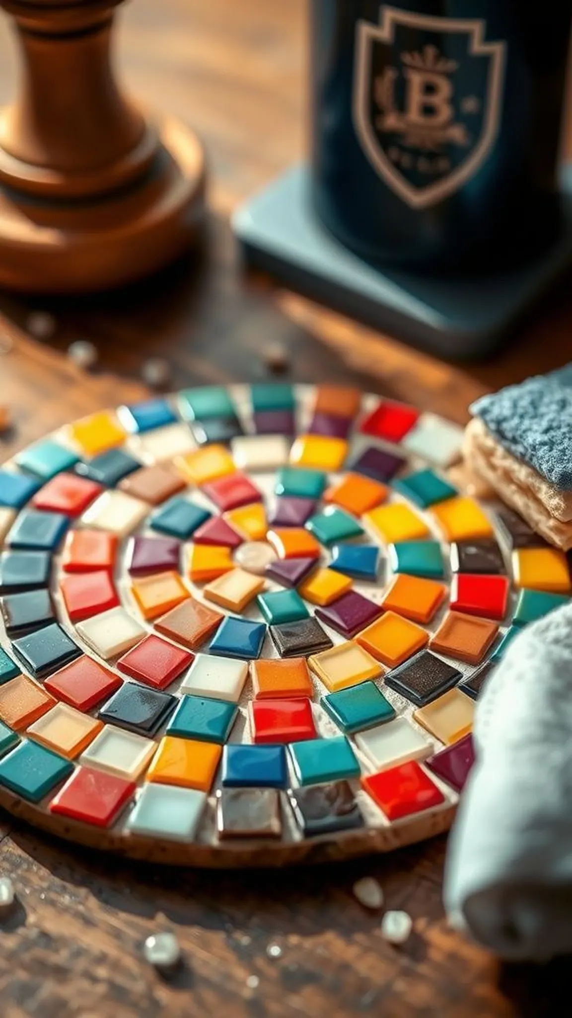 Mosaic coaster from broken tile shards