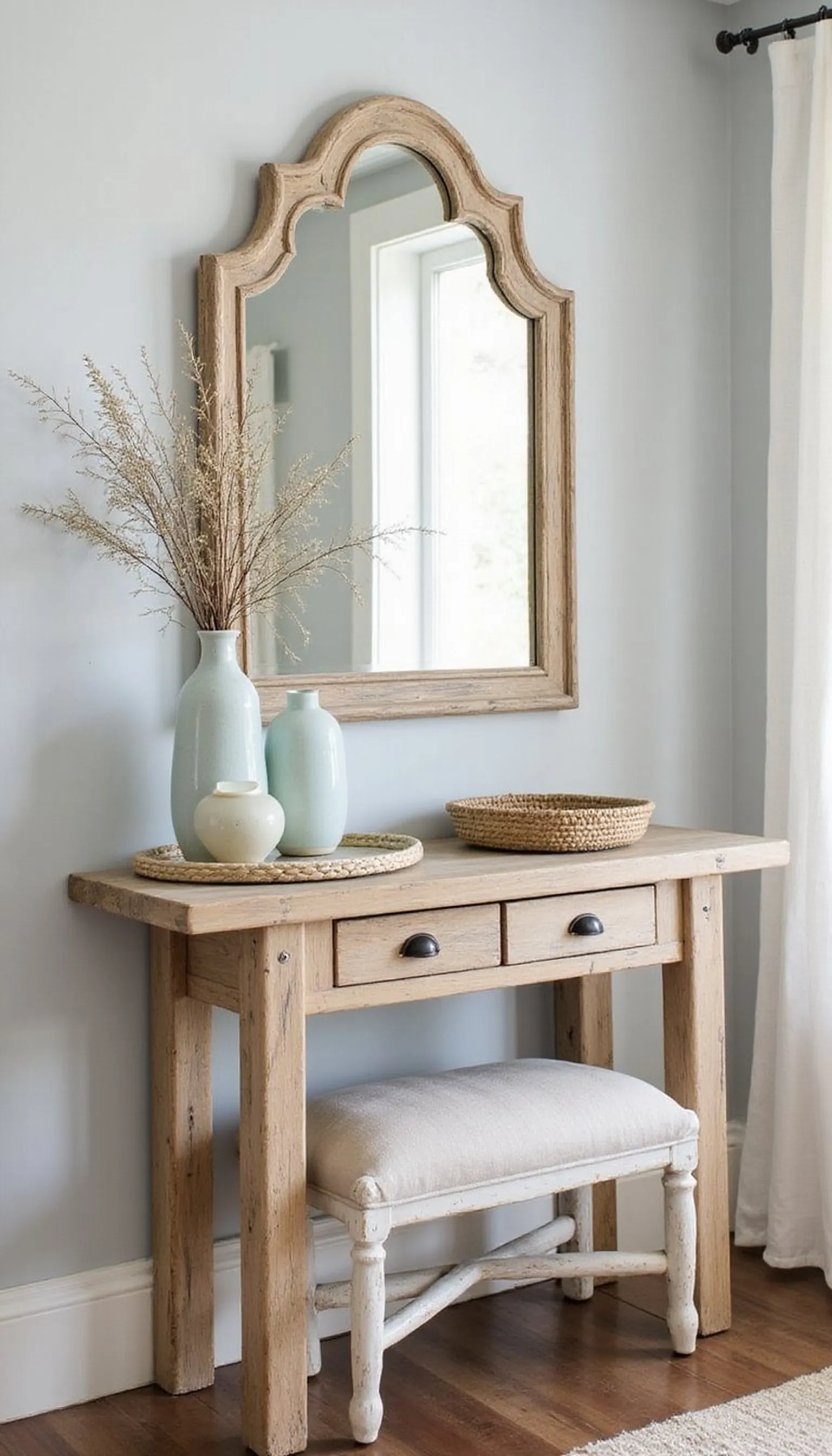 Driftwood focal corner with sea glass accents