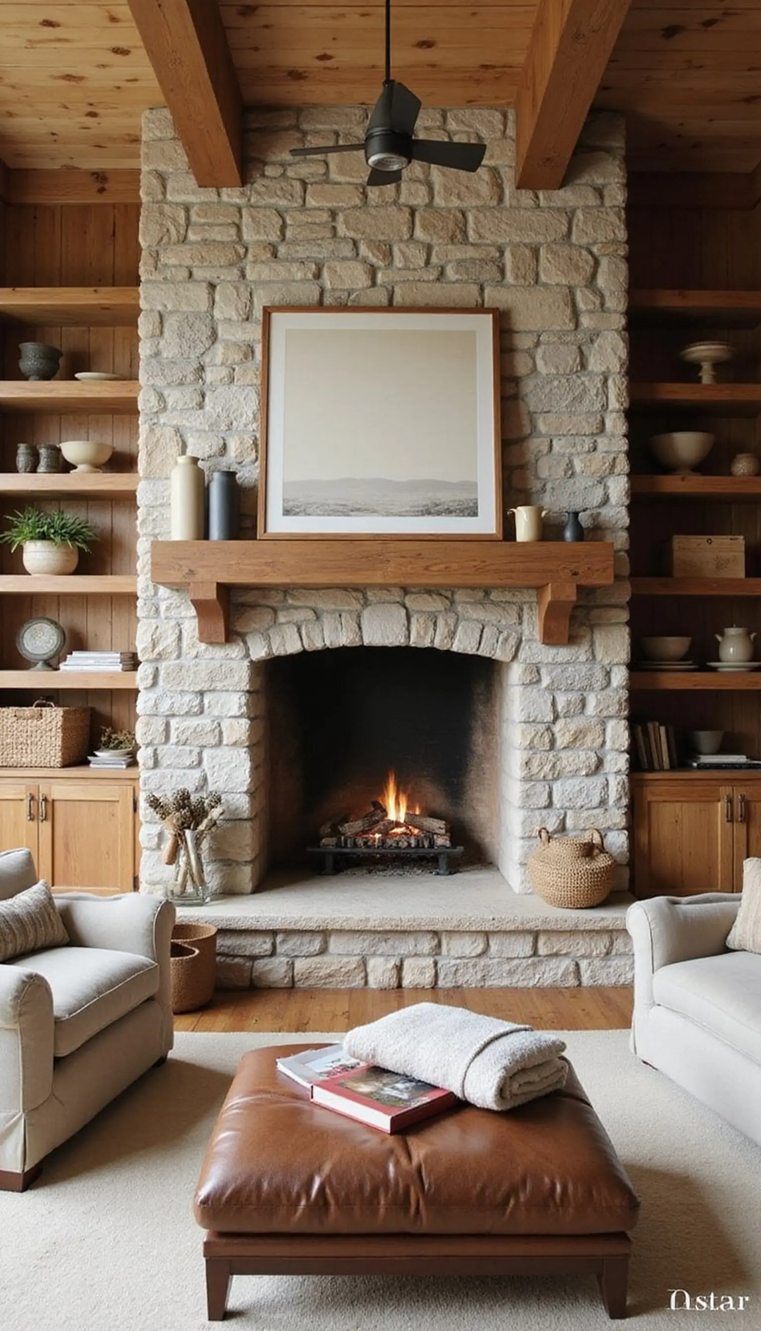 Fireplace-focused lounge with natural stone surround