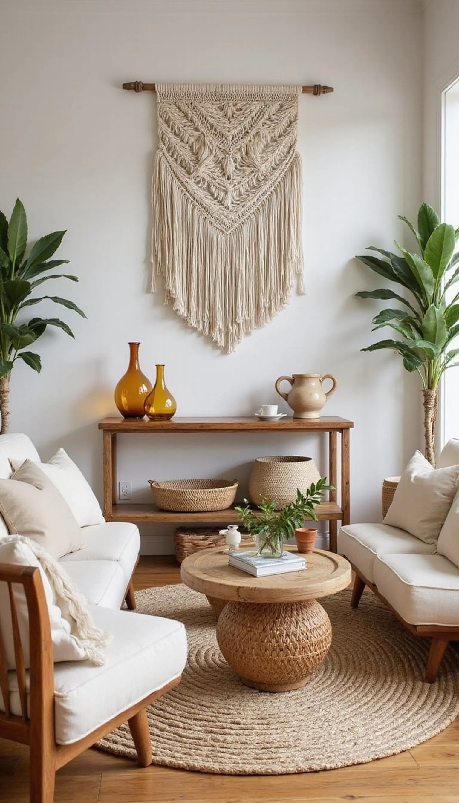 Woven textures everywhere: boho resort living room