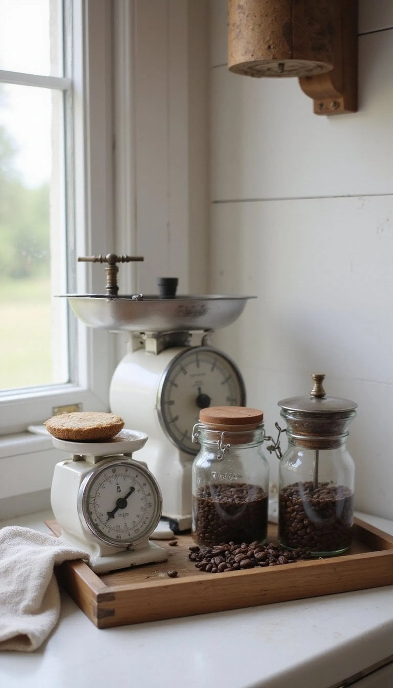 Coffee corner styled with vintage scales and jars