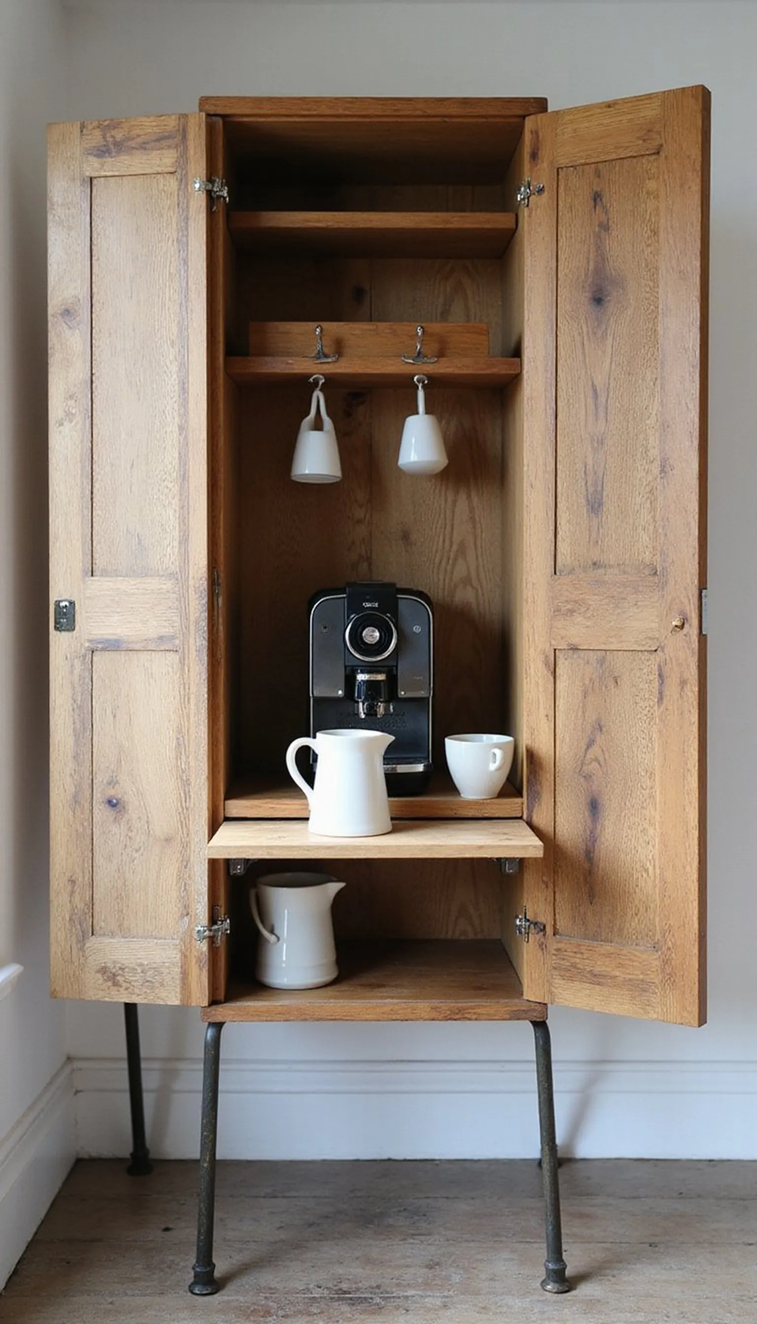 Hidden coffee cabinet behind reclaimed doors
