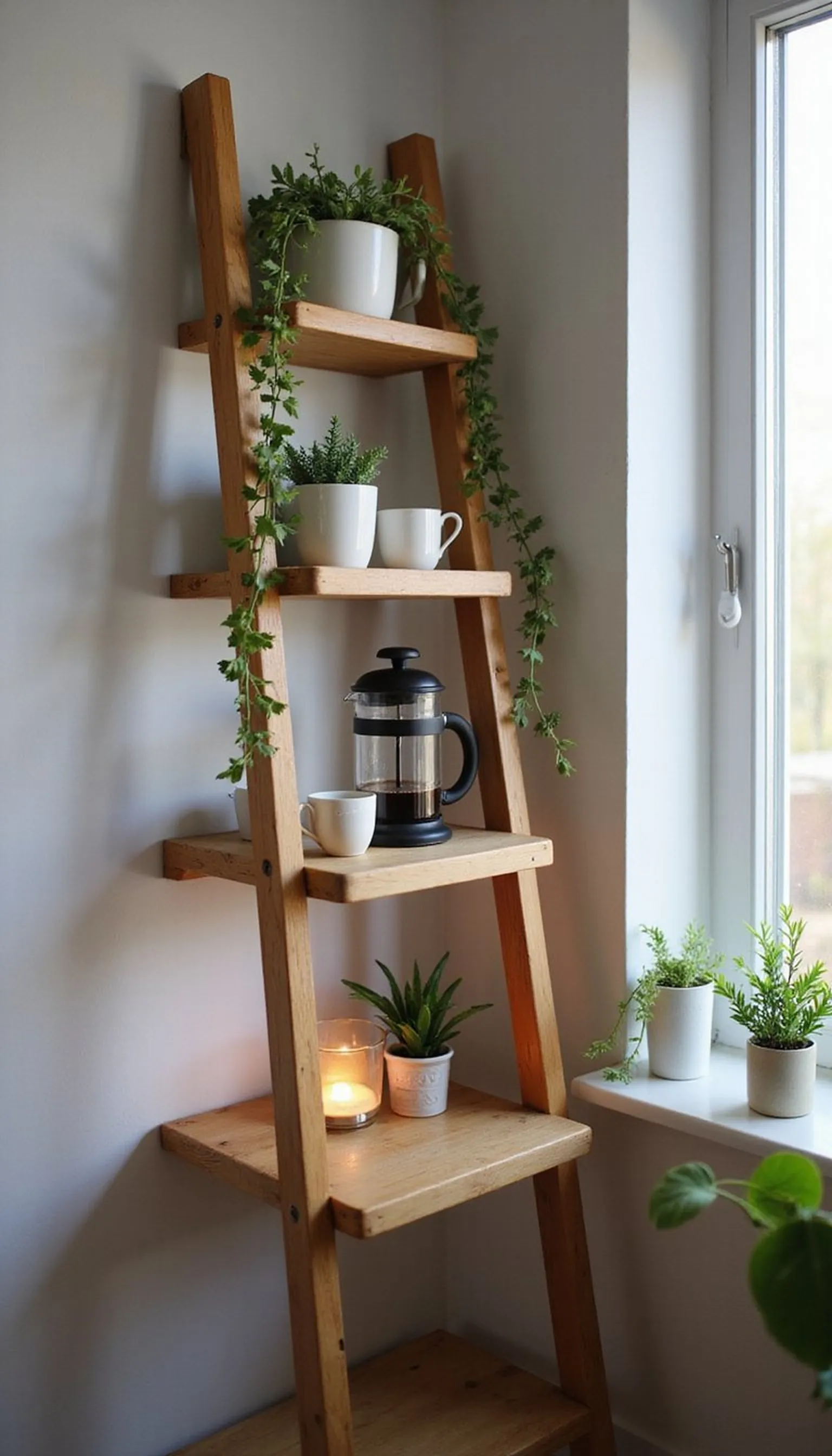 Ladder Shelf Coffee Nook with Lots of Greenery