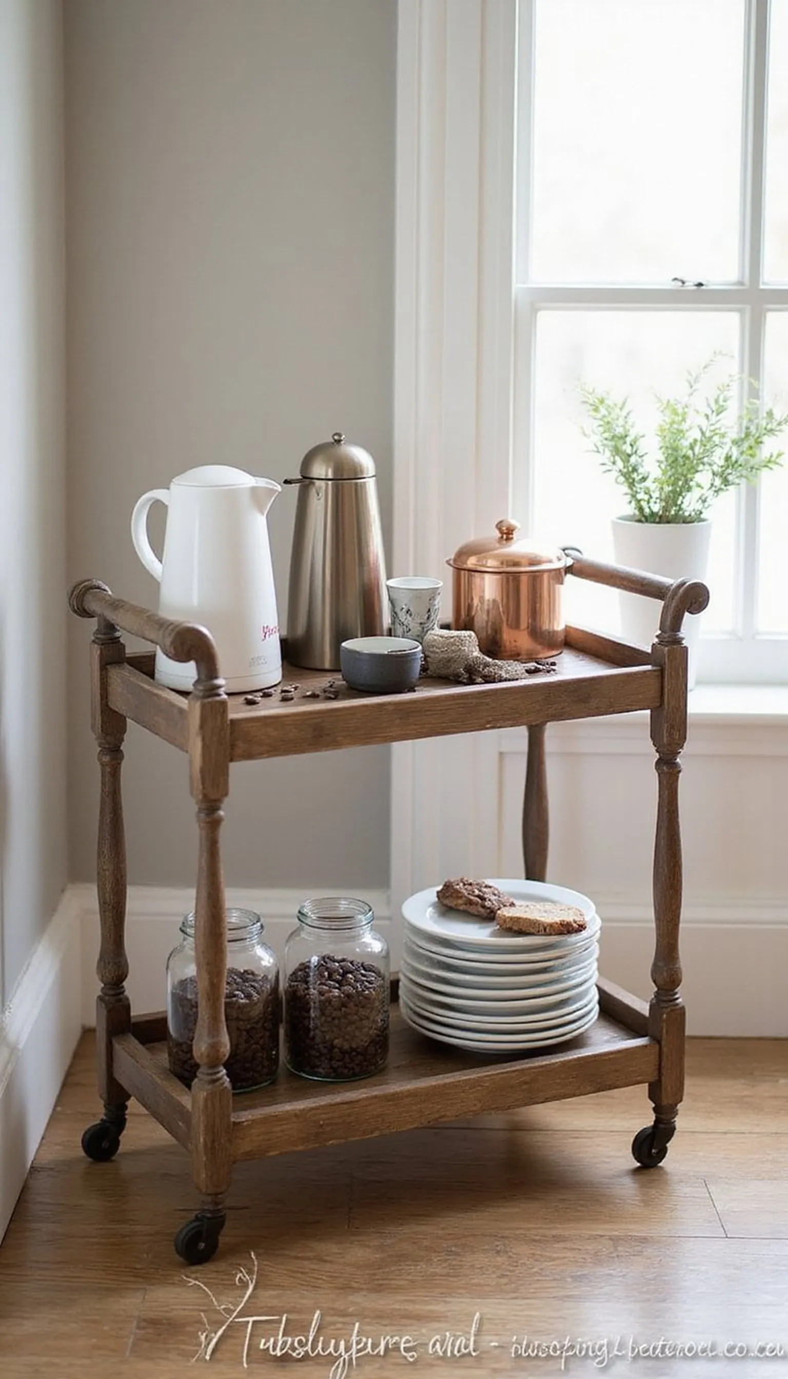 Rustic bar cart set up for weekend guests