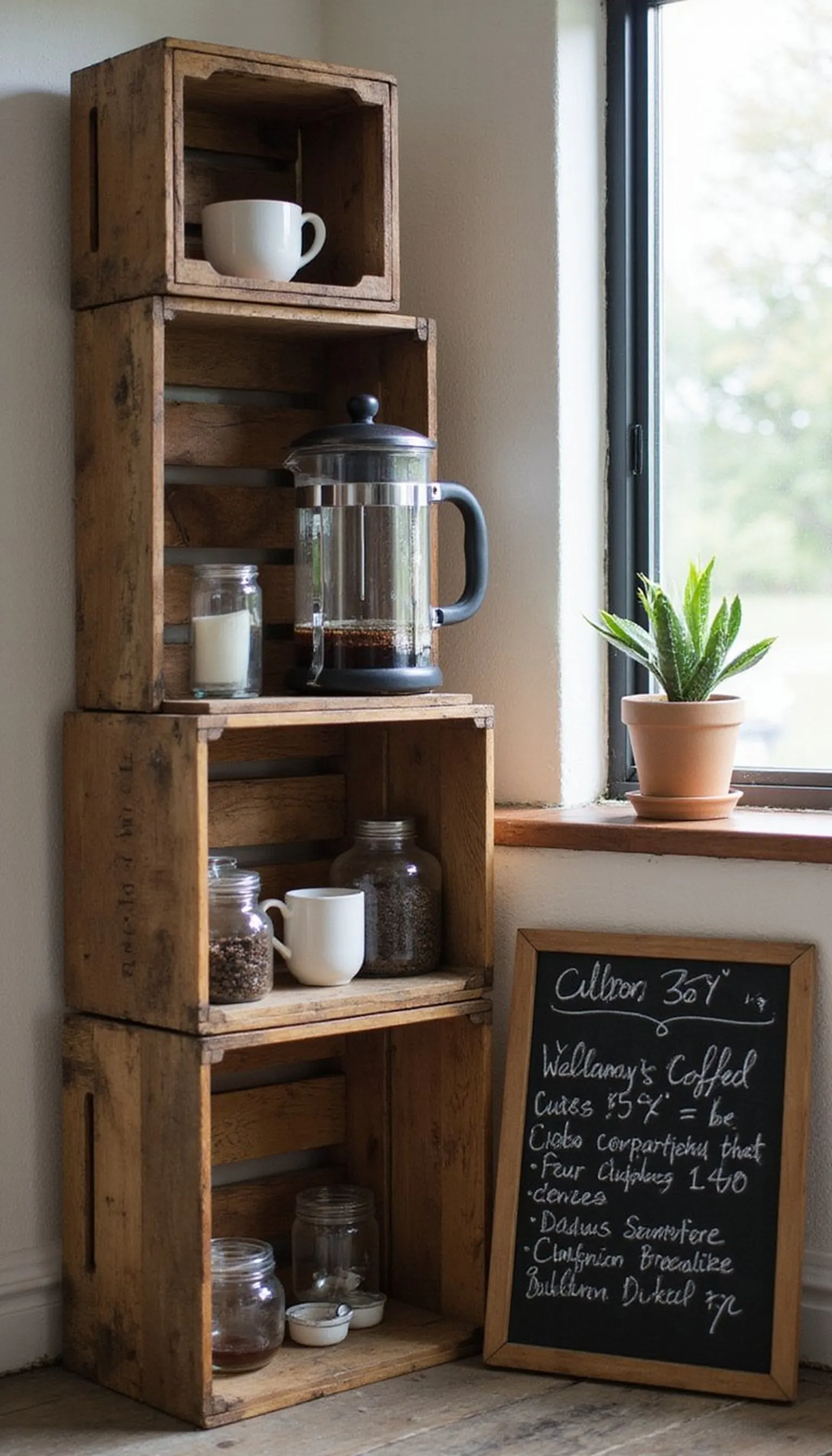 Vintage crate coffee shelf, casually styled