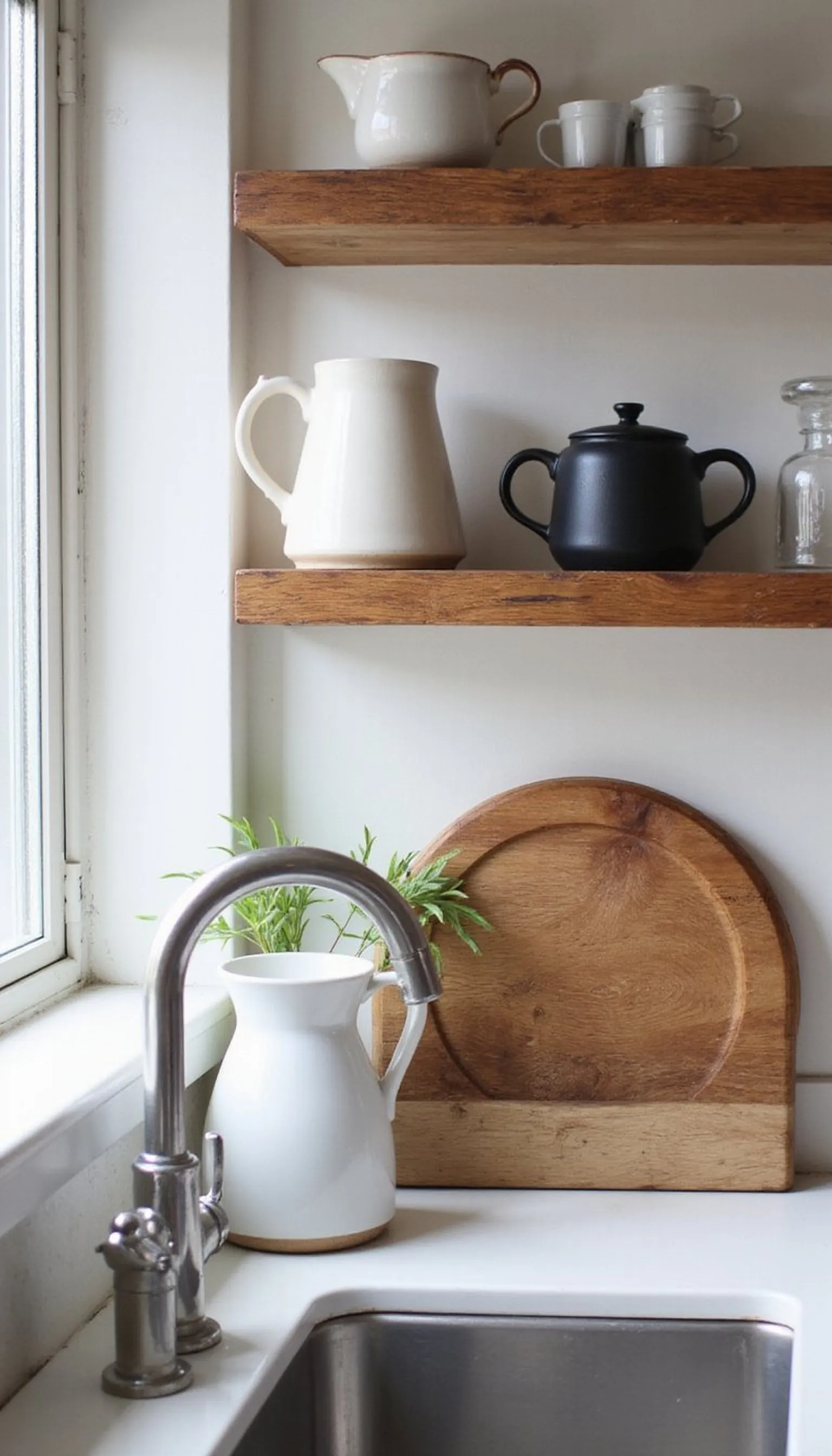 Weekend coffee ritual by farmhouse sink and shelf