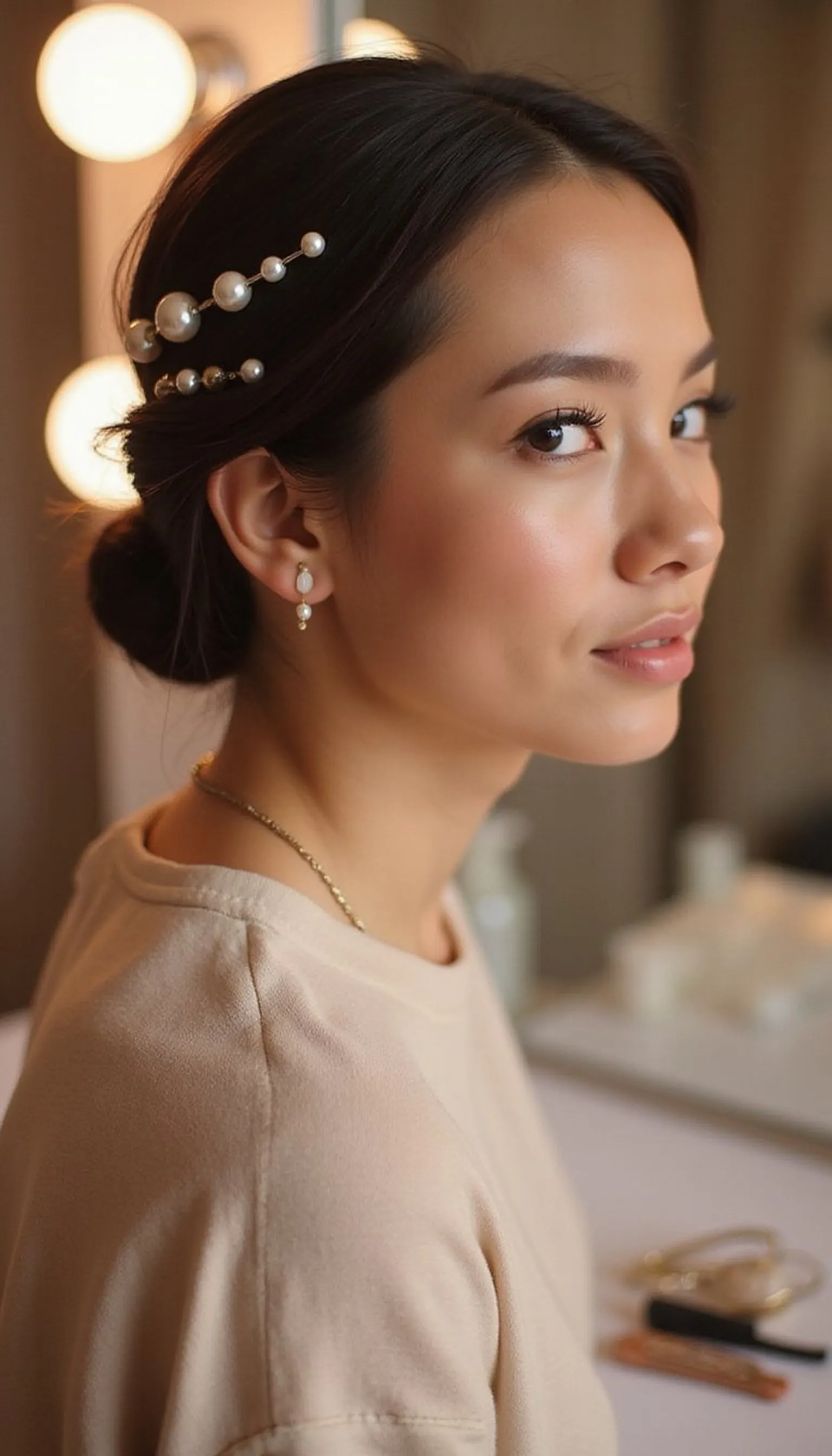 Low Bun With Pearl Pins For Subtle Glam