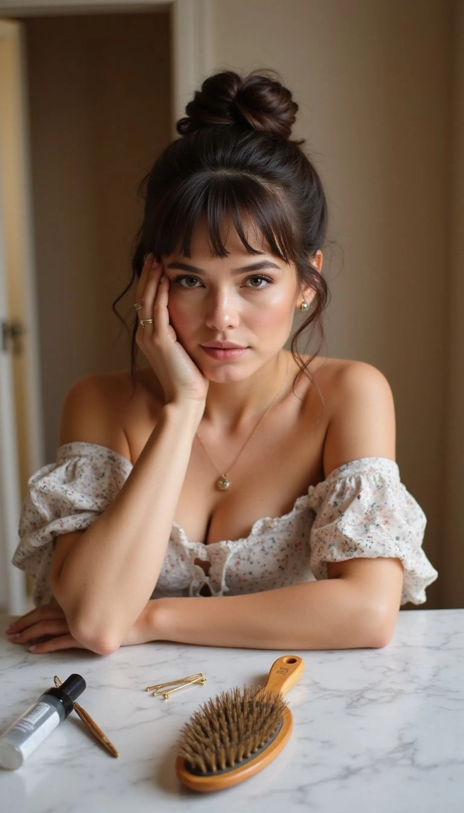 Low Bun With Sleek Curtain Bangs Framing Face