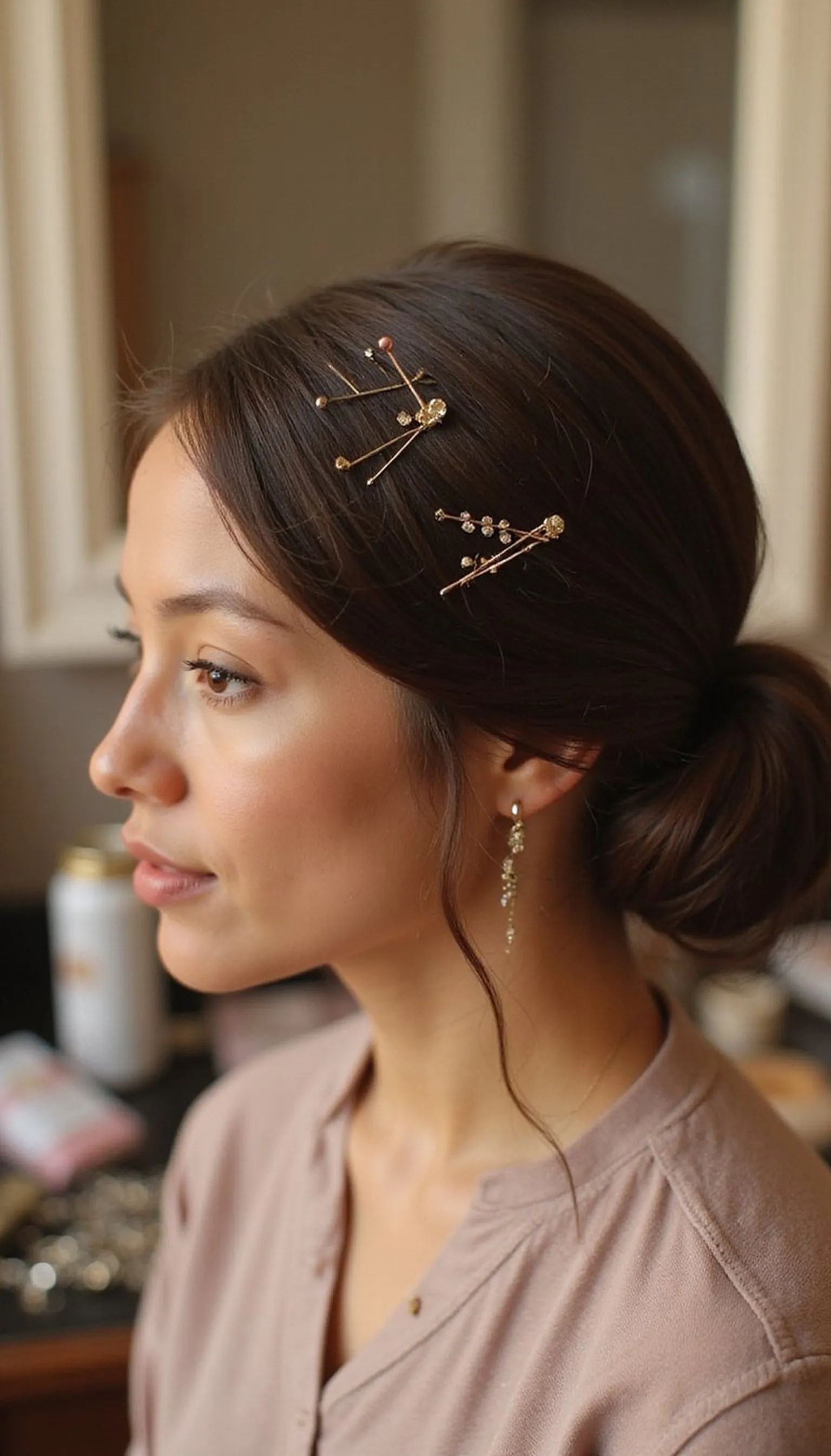 Sleek Low Bun With Exposed Bobby Pin Art