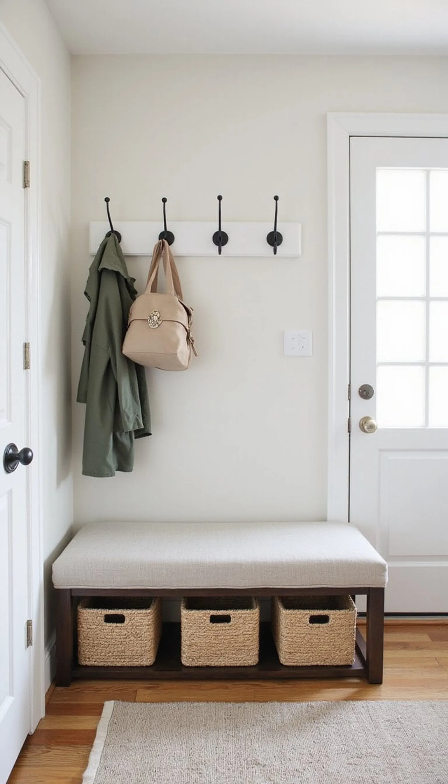Bench with storage and wall hooks: practical charm