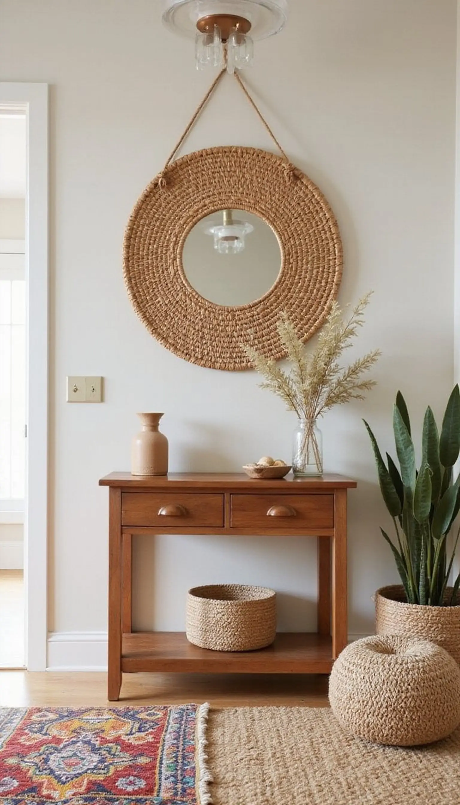 Boho rattan accents and layered textiles