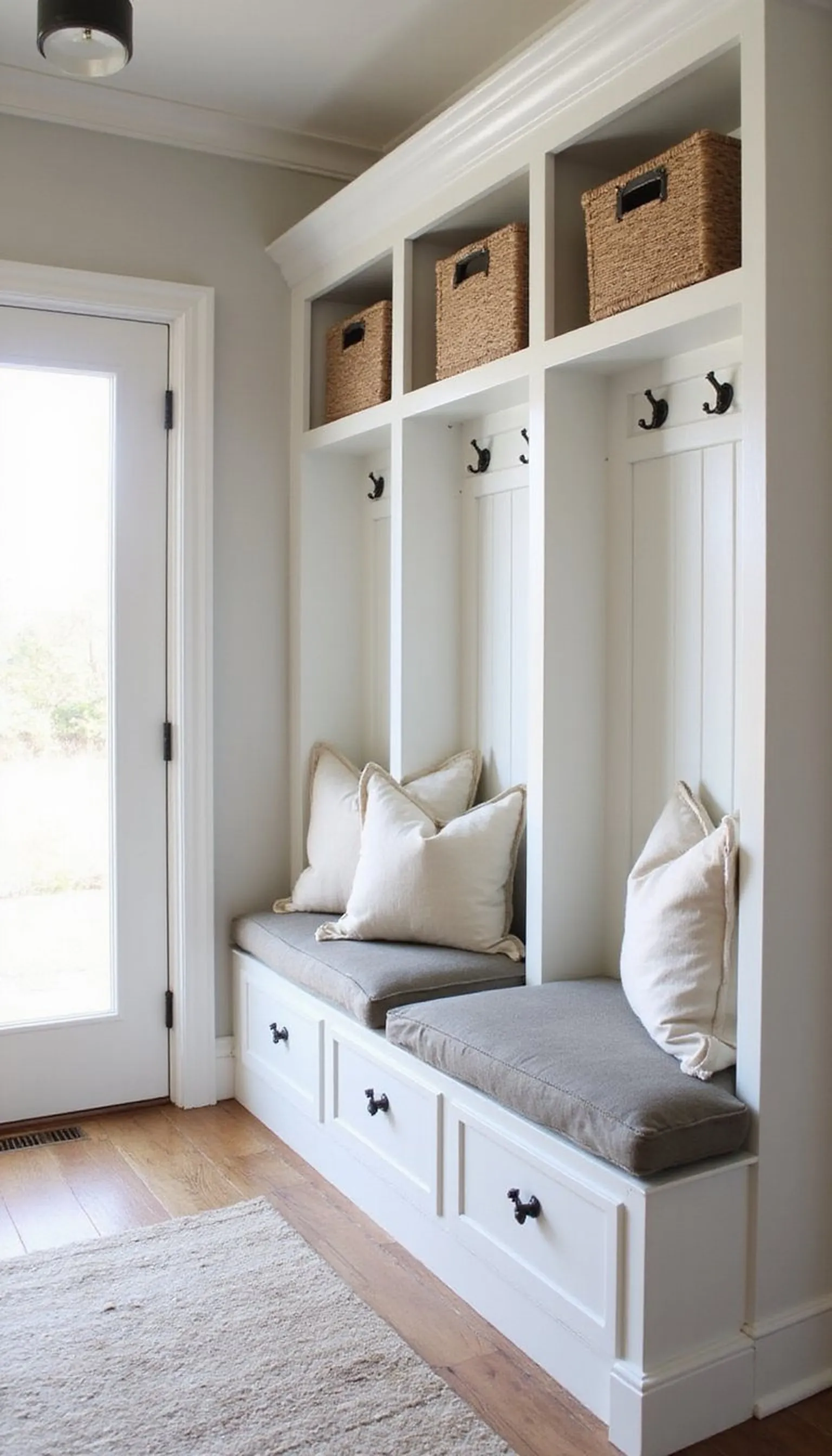 Built-in cubbies with soft seating nook