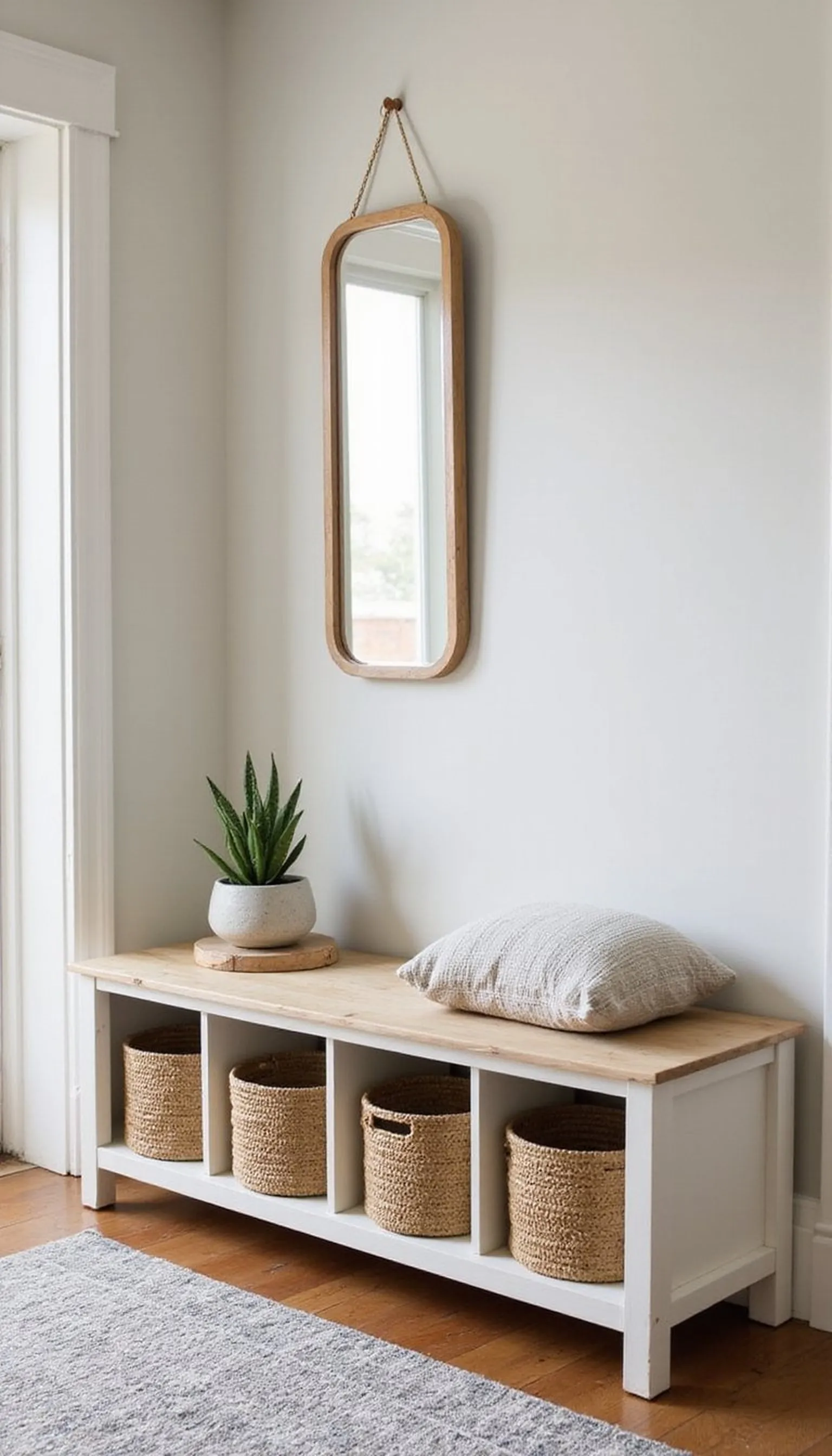 Compact shoe bench with baskets below
