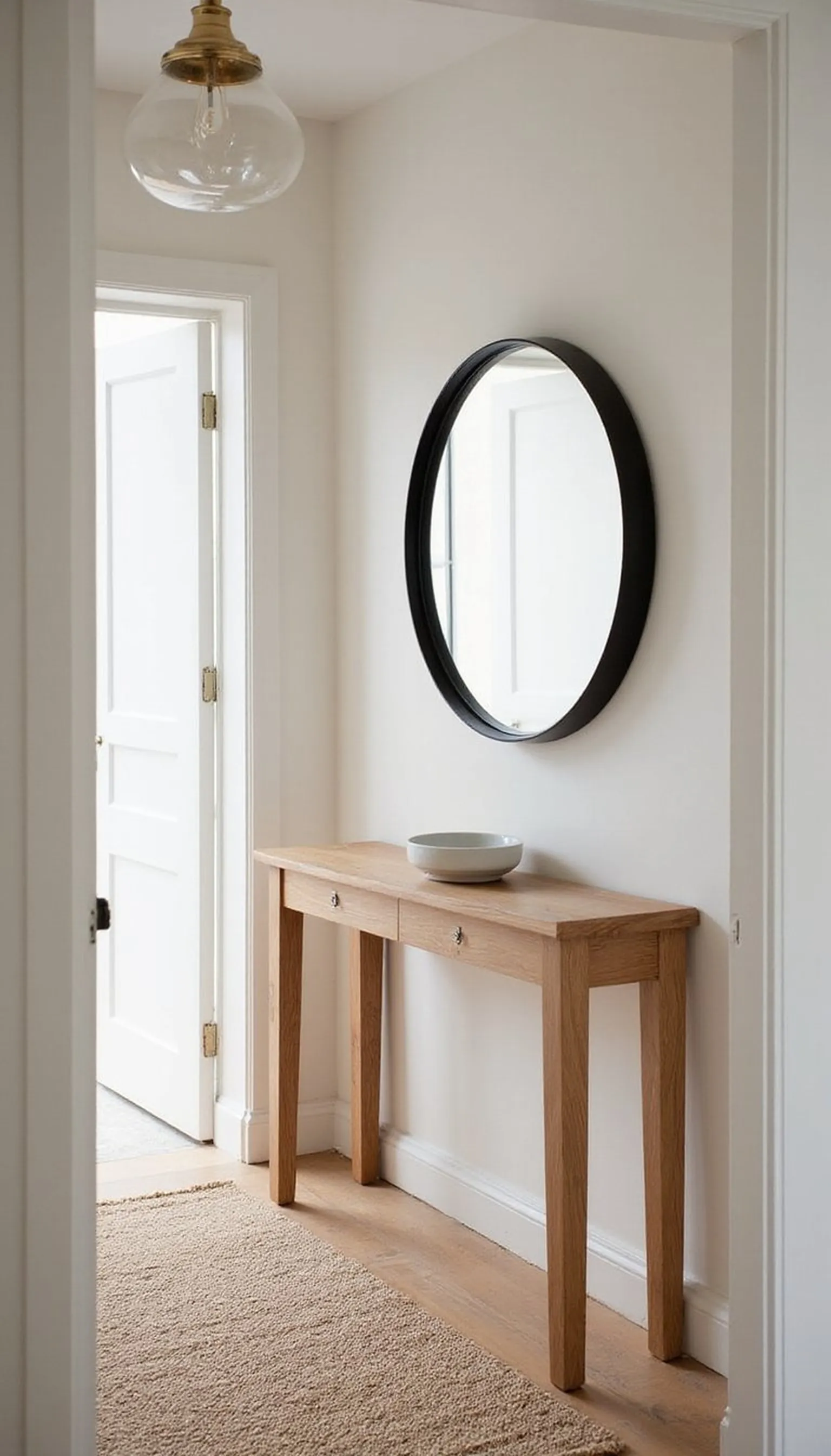 Slim console and round mirror for tight halls