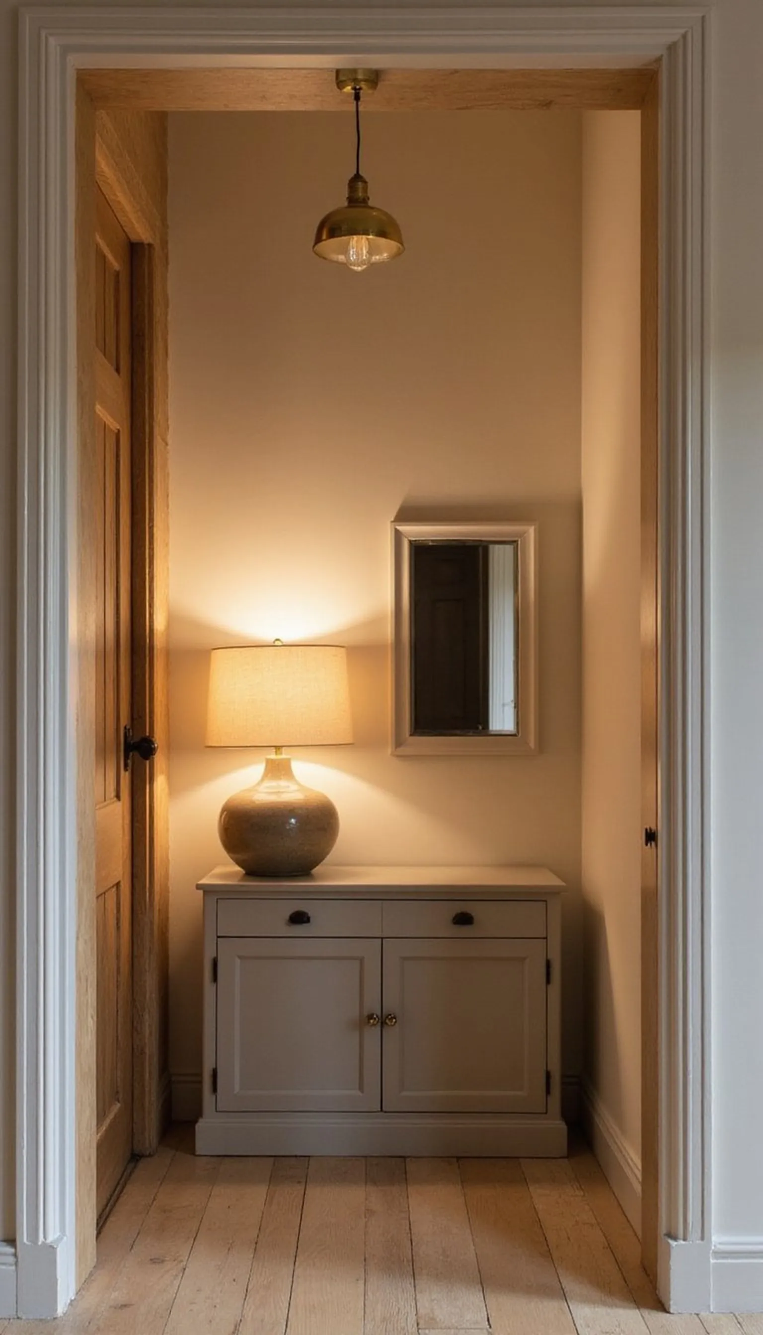 Small foyer with layered lighting and mirror