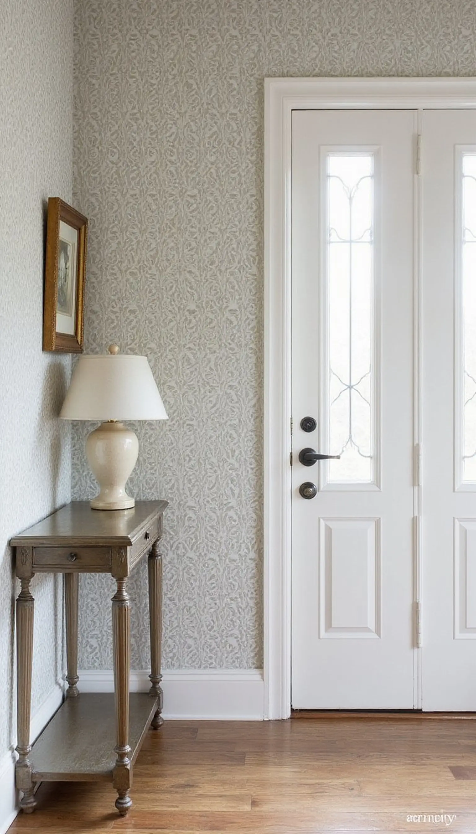 Statement wallpaper behind a slim console