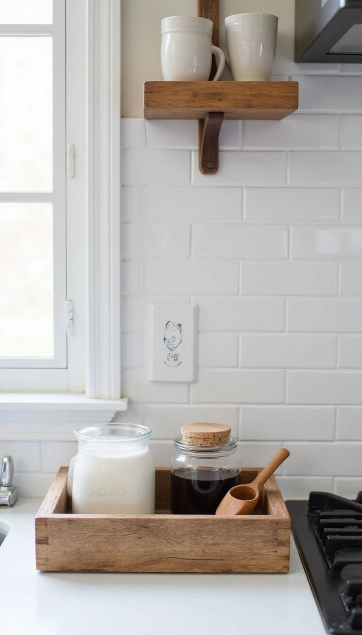 Backsplash tray display for a mini coffee vignette