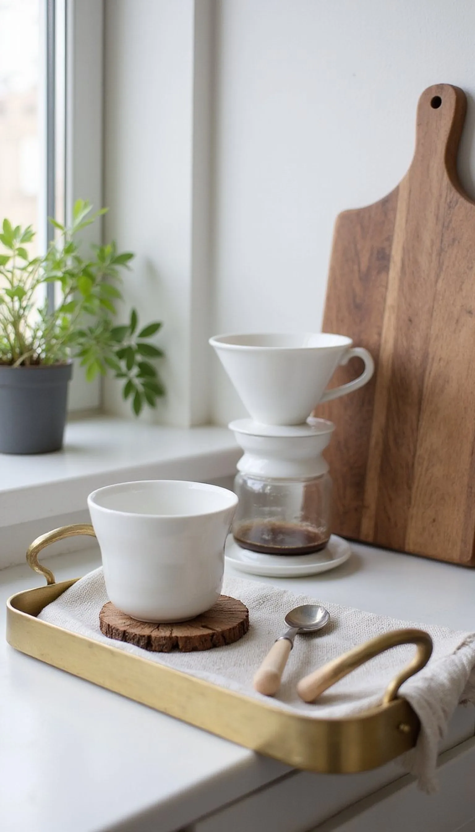 Bistro tray on a narrow counter makes a vignette