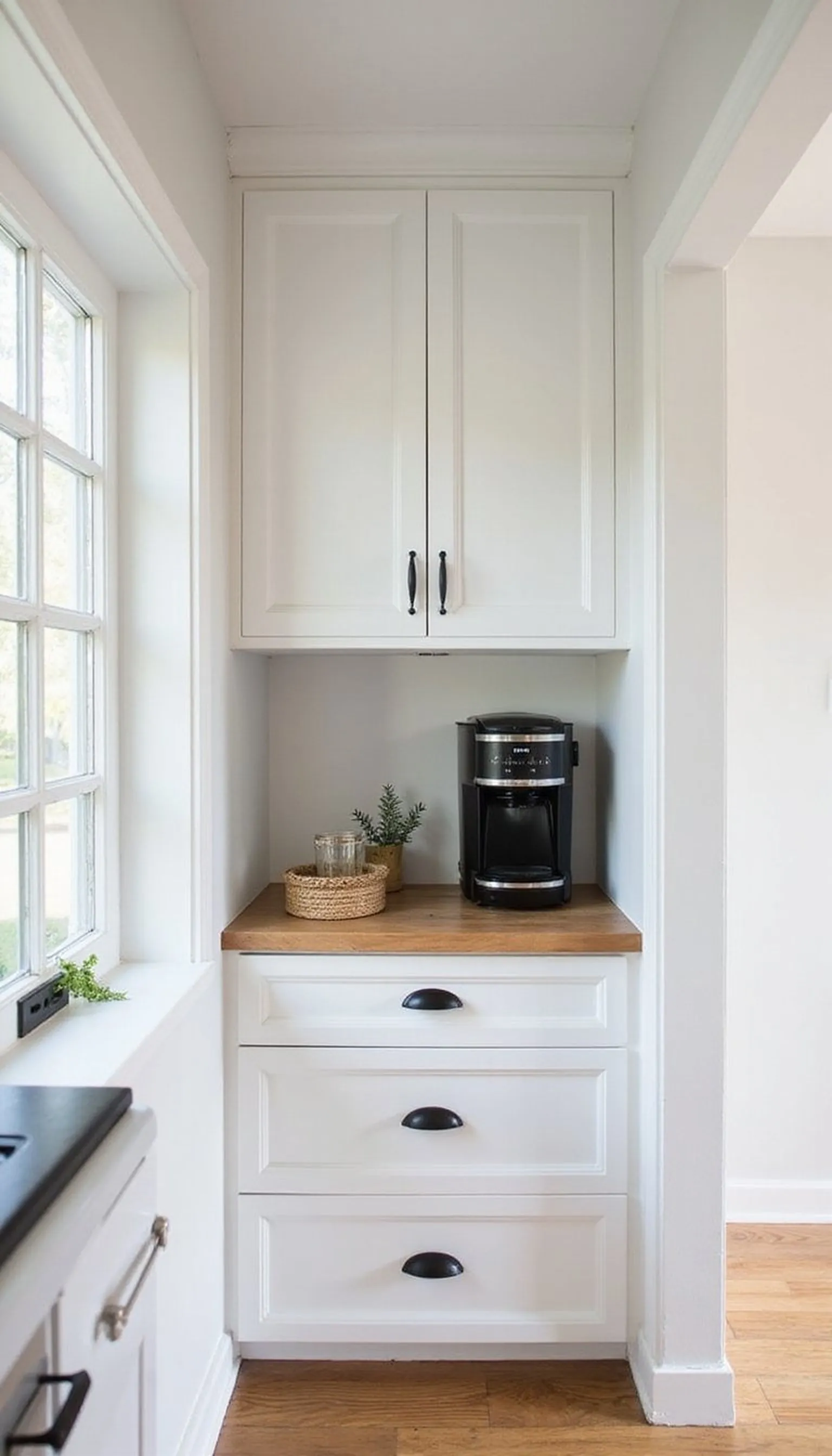 Built-in appliance nook hides the coffee clutter
