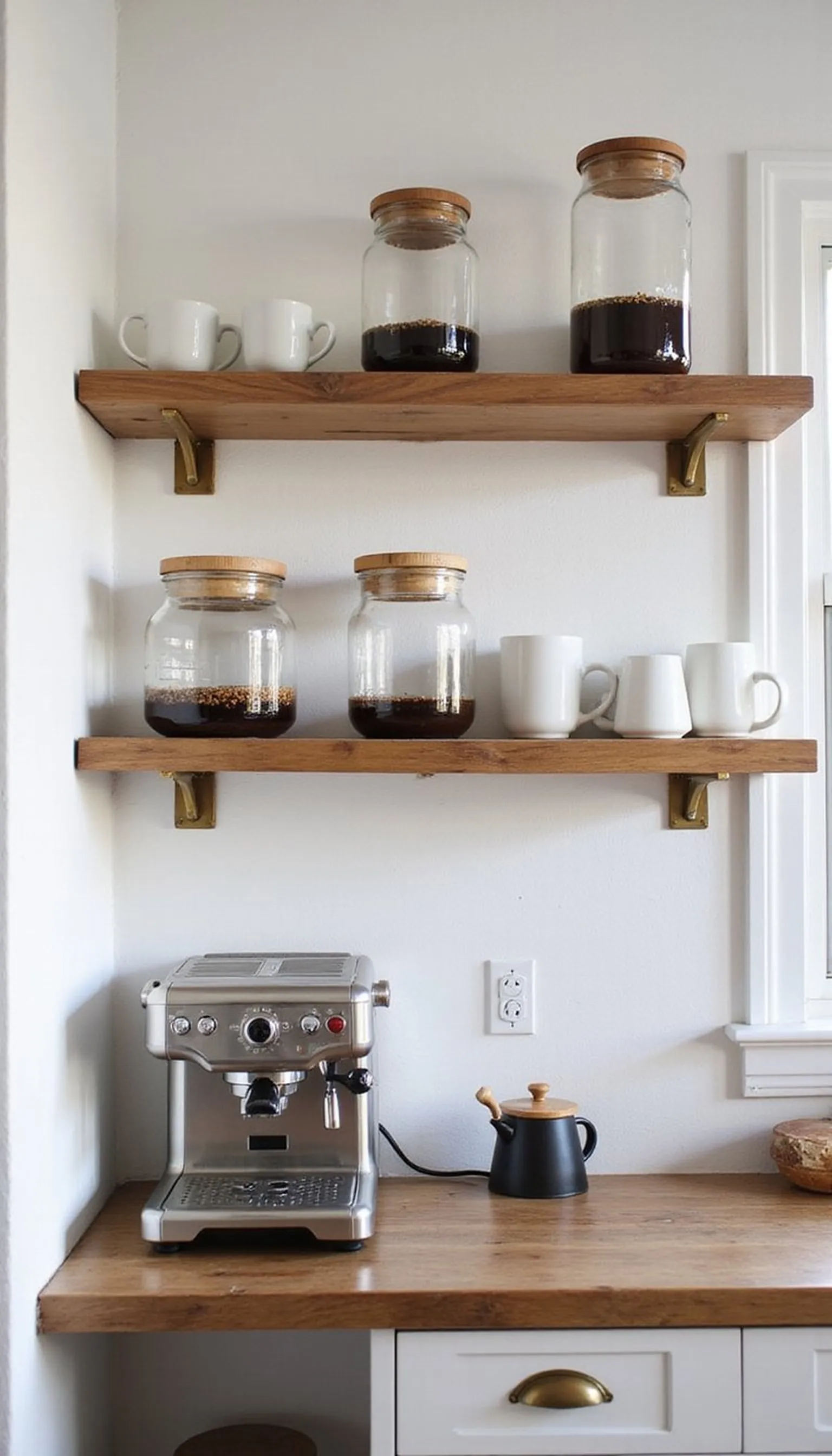 Floating shelves for a vertical coffee nook