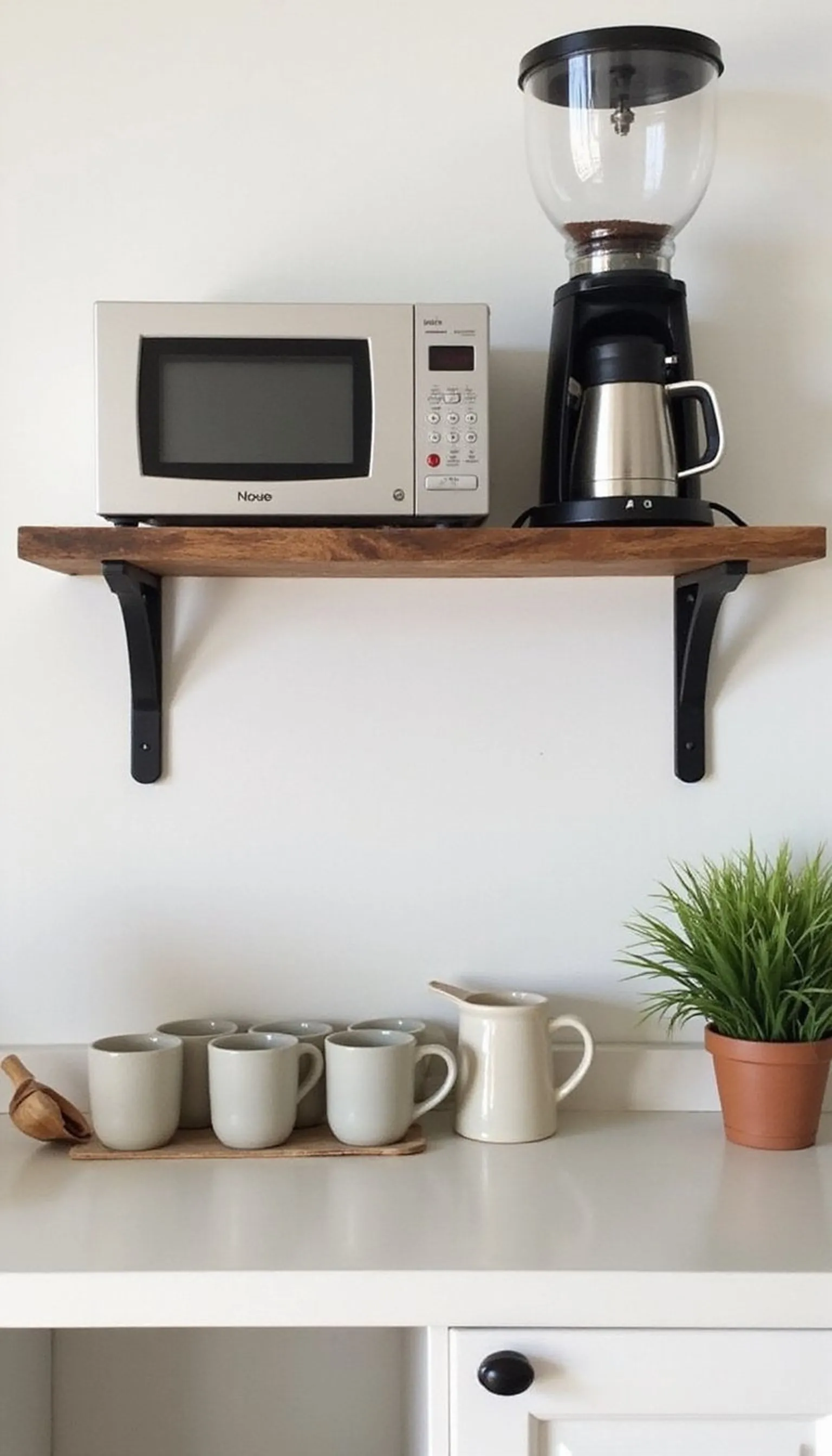 Microwave shelf repurposed into compact coffee zone