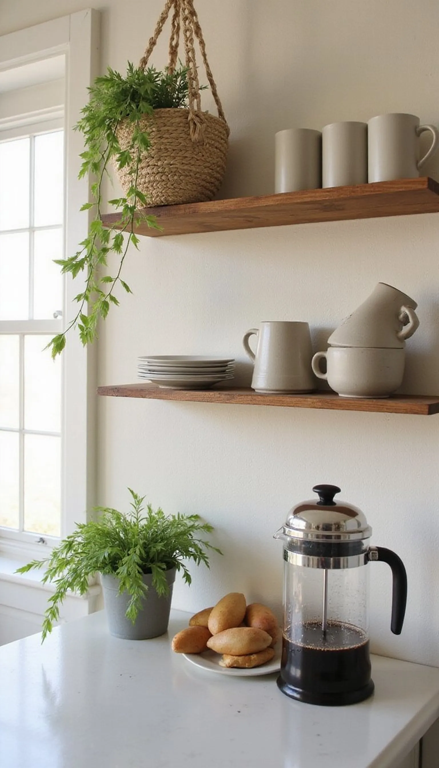 Open shelving with greenery for a soft look
