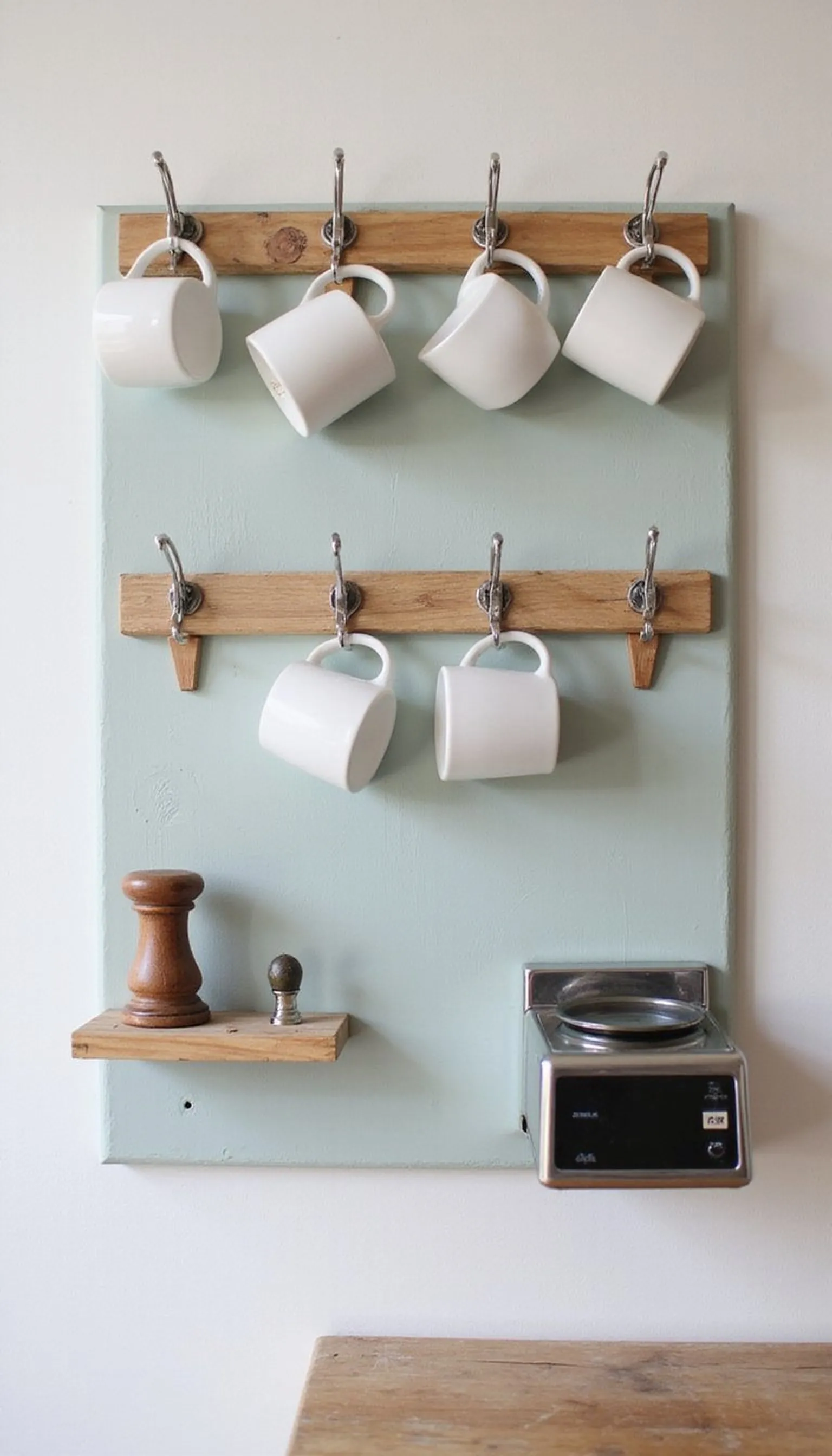 Pegboard and hooks: vertical tool gallery for coffee