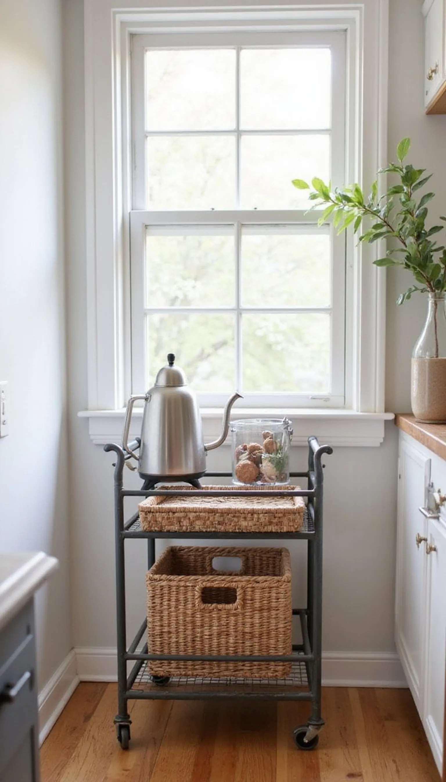 Rolling cart by the window brings light to mornings