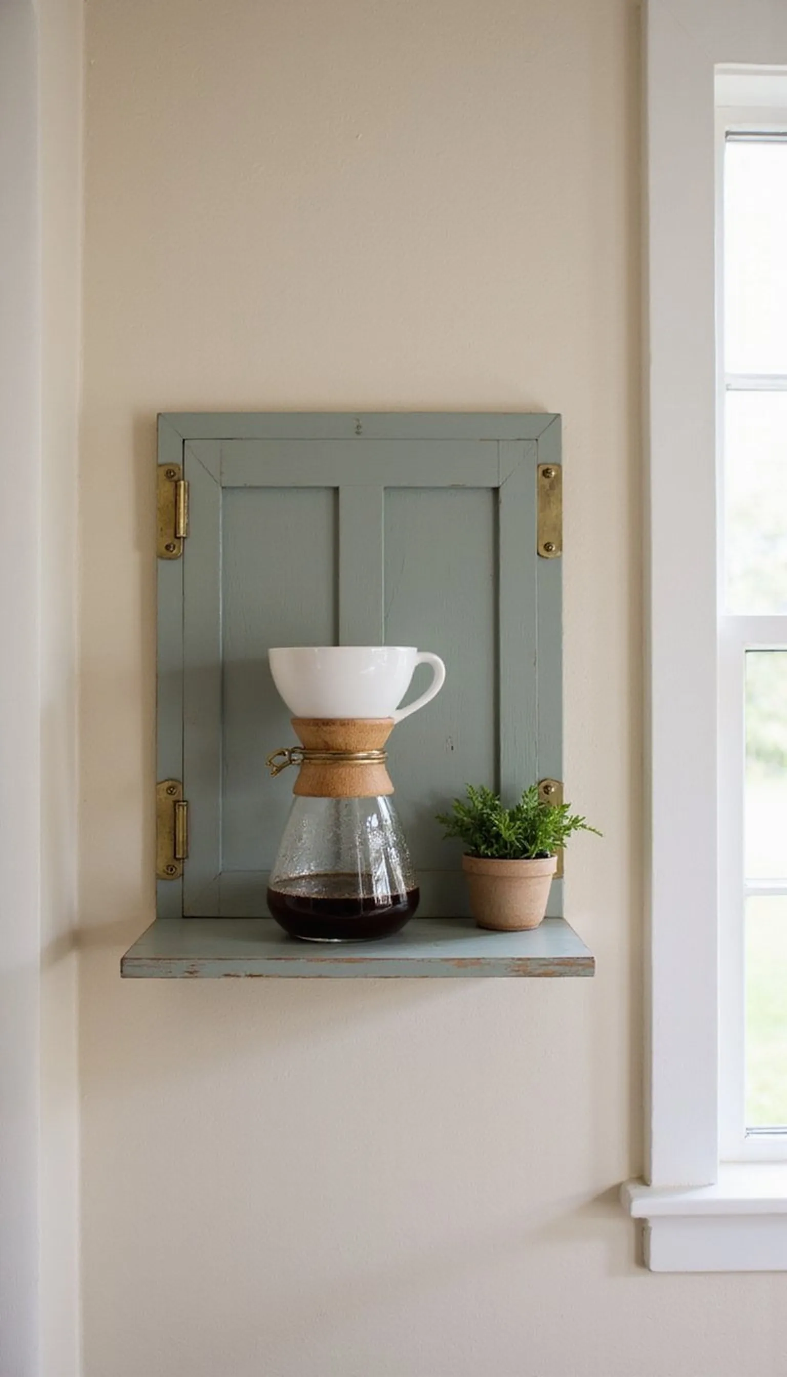 Wall-mounted fold-down shelf: coffee station that tucks away