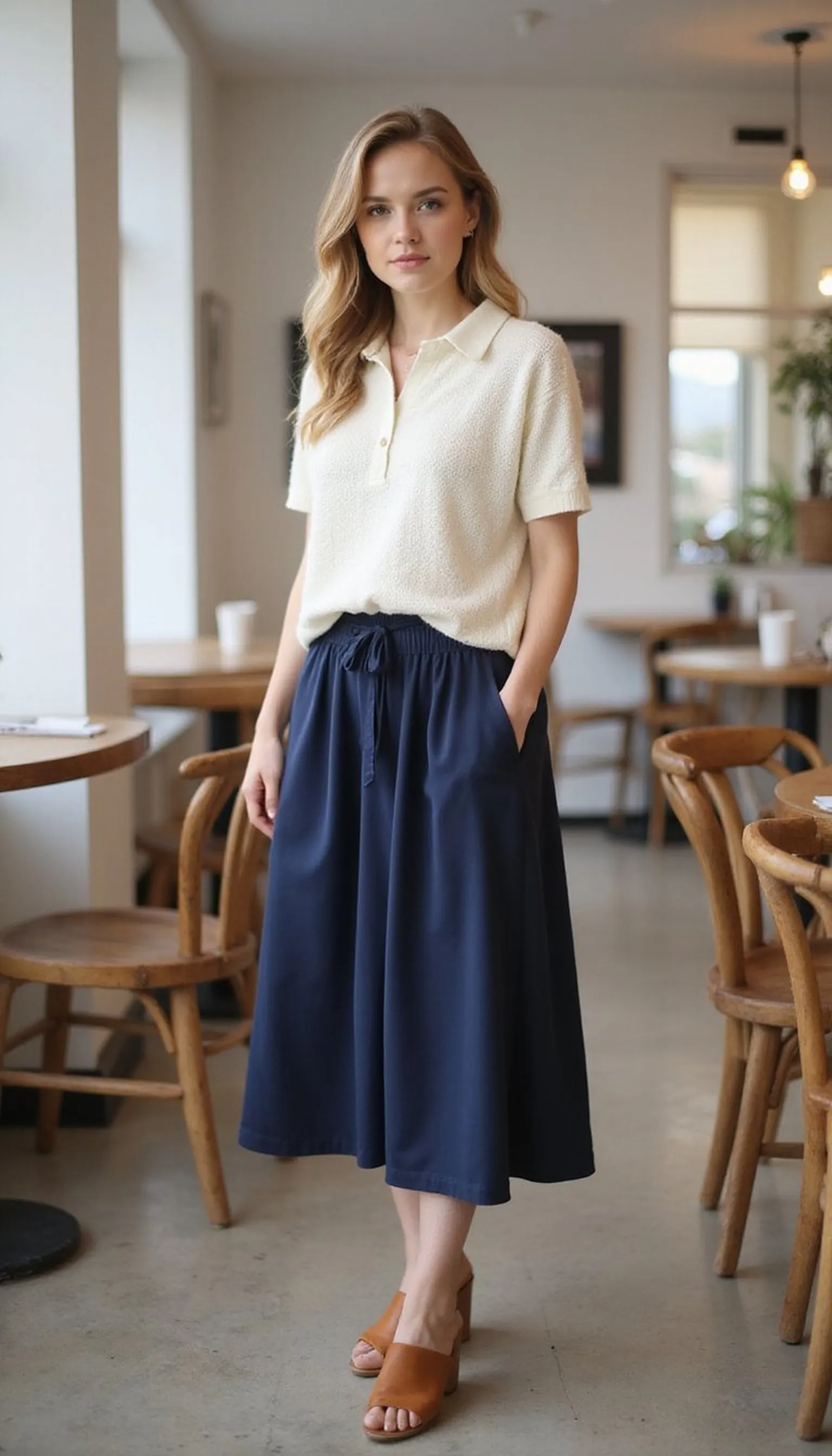 Casual knit polo with midi skirt combo