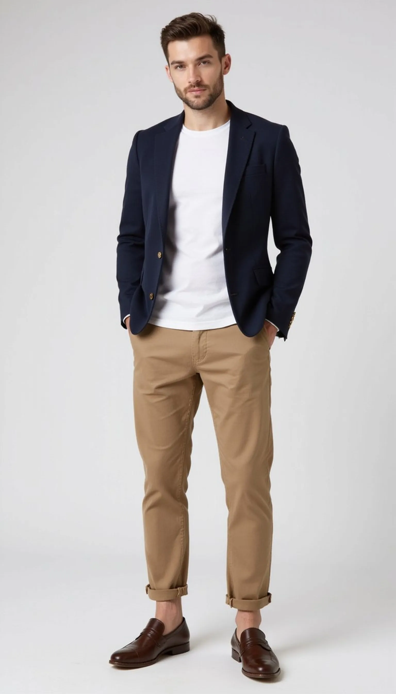 Crisp blazer with white tee and chinos