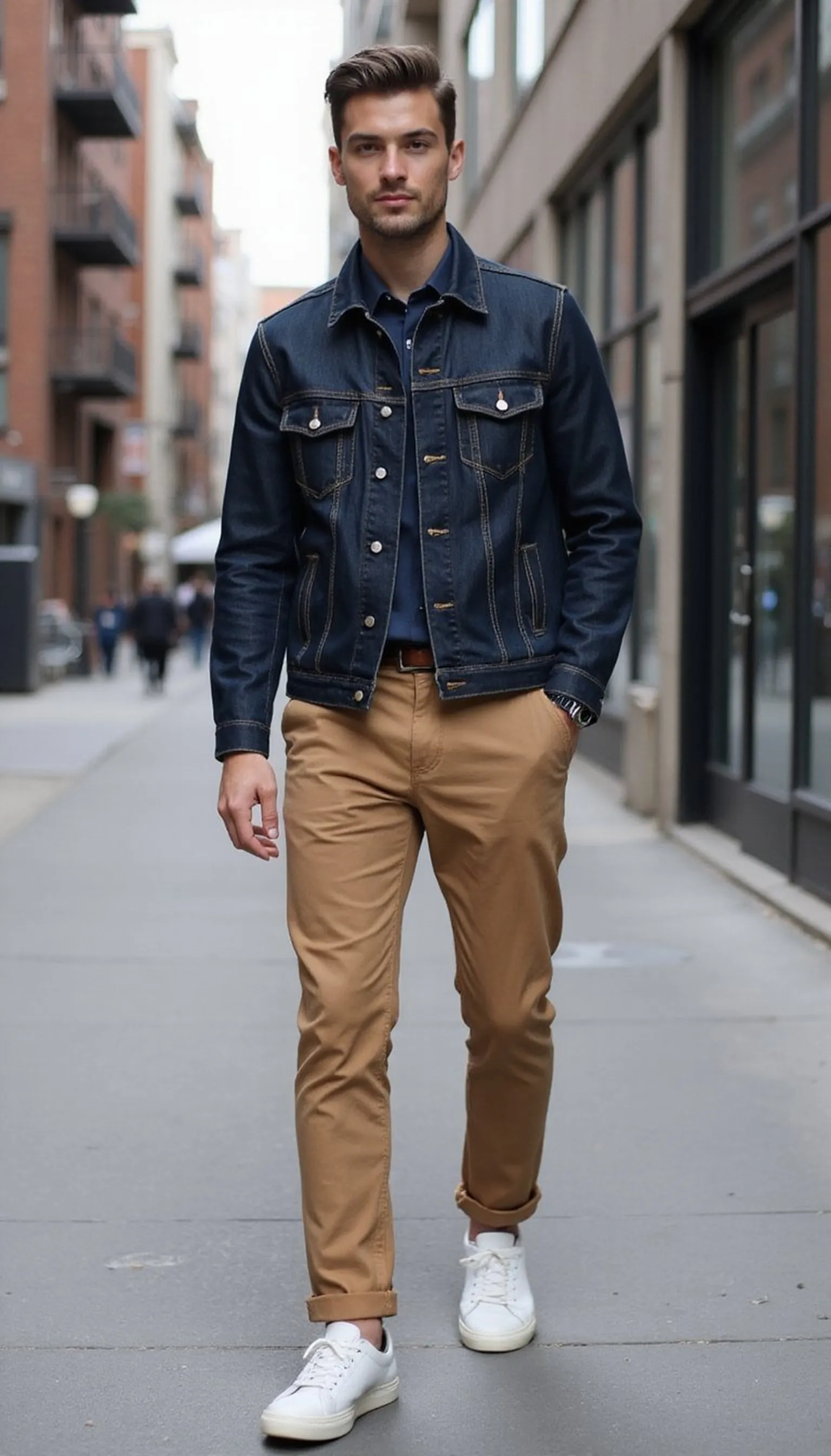 Denim jacket upgraded with tailored trousers