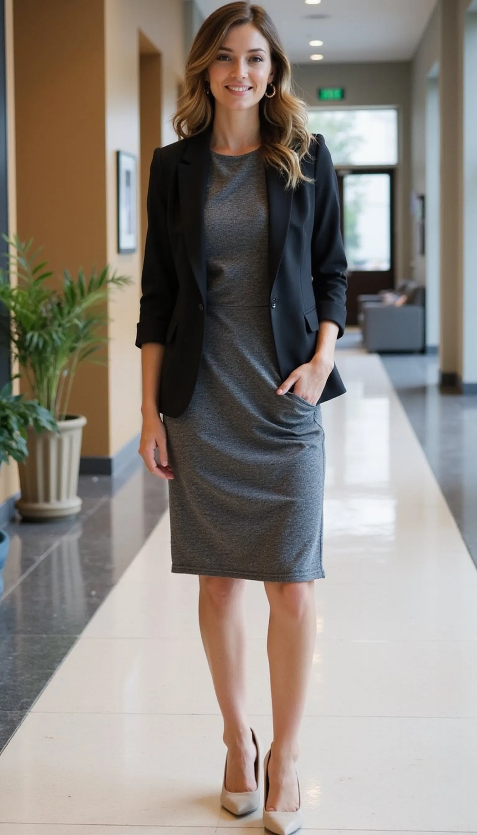 Knit dress with blazer for client-friendly style