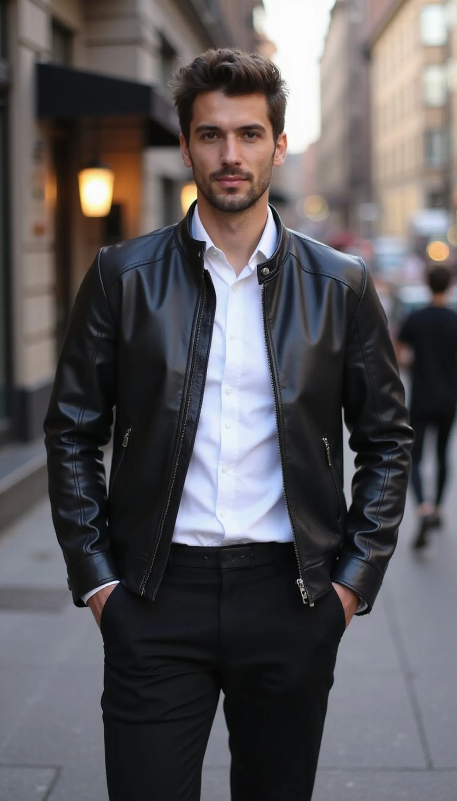 Leather jacket with a button-down shirt