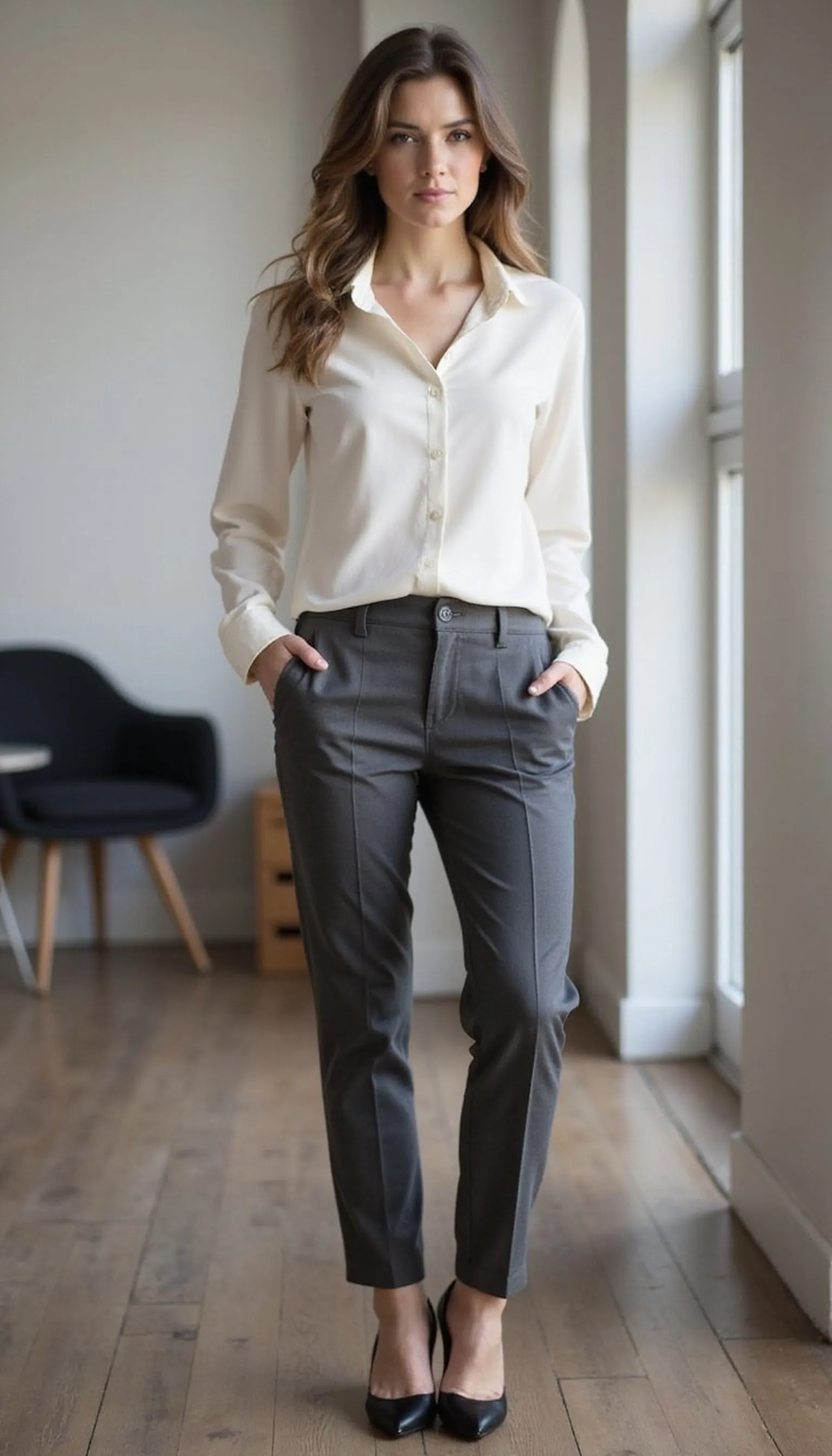 Silk blouse with tailored trousers for meetings