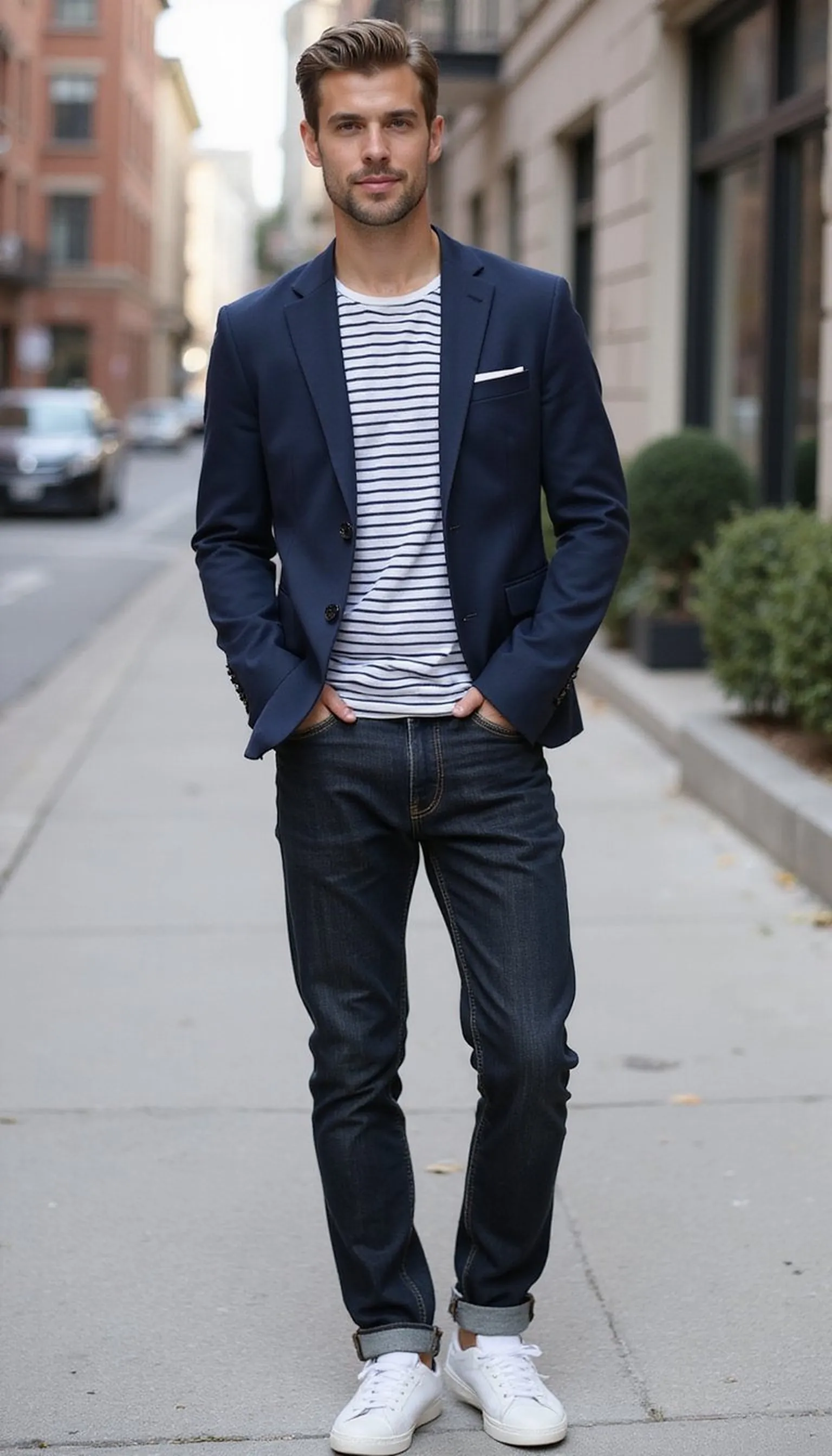 Striped tee with blazer and dark denim
