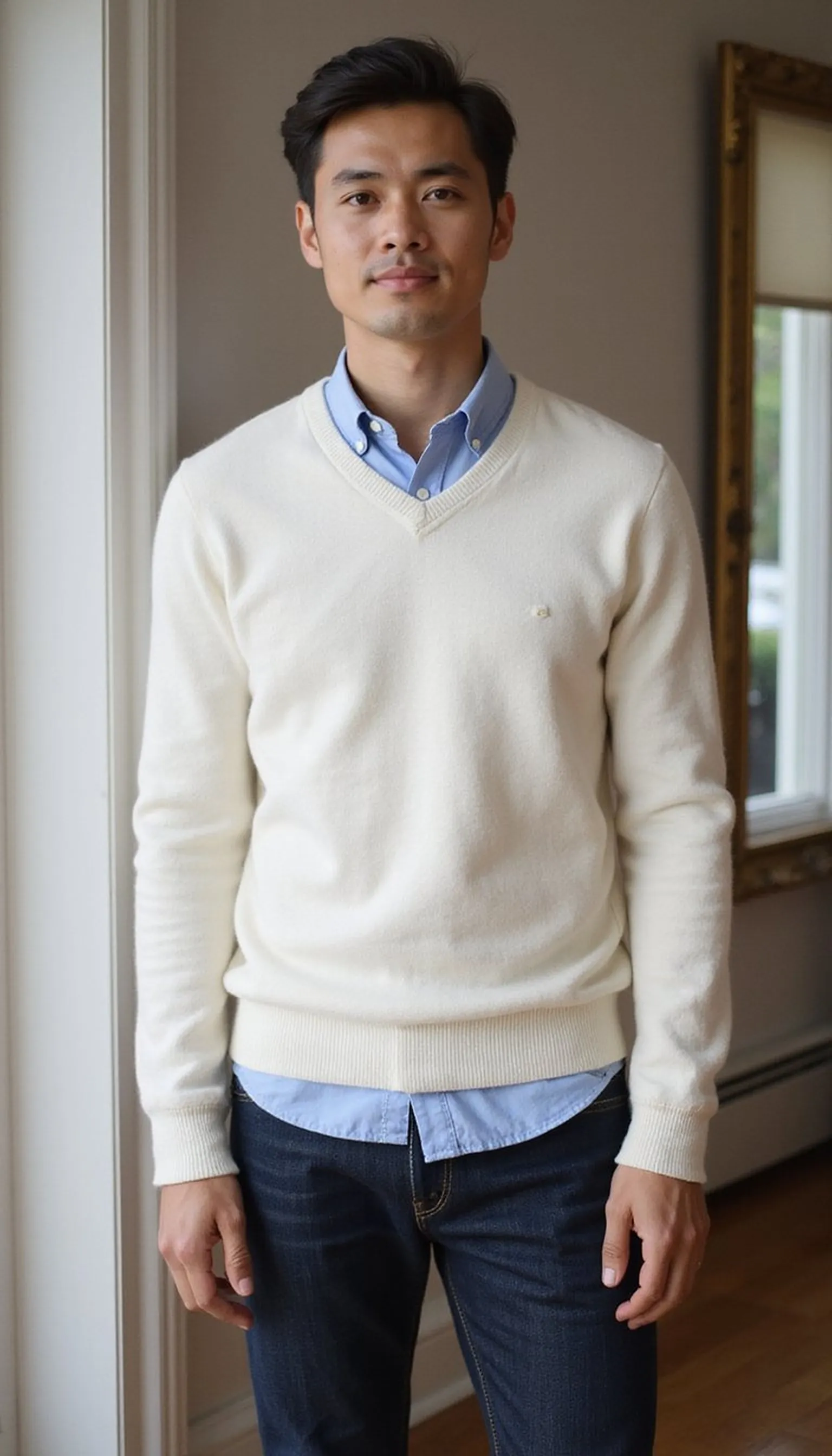 Sweater layered over a collared shirt