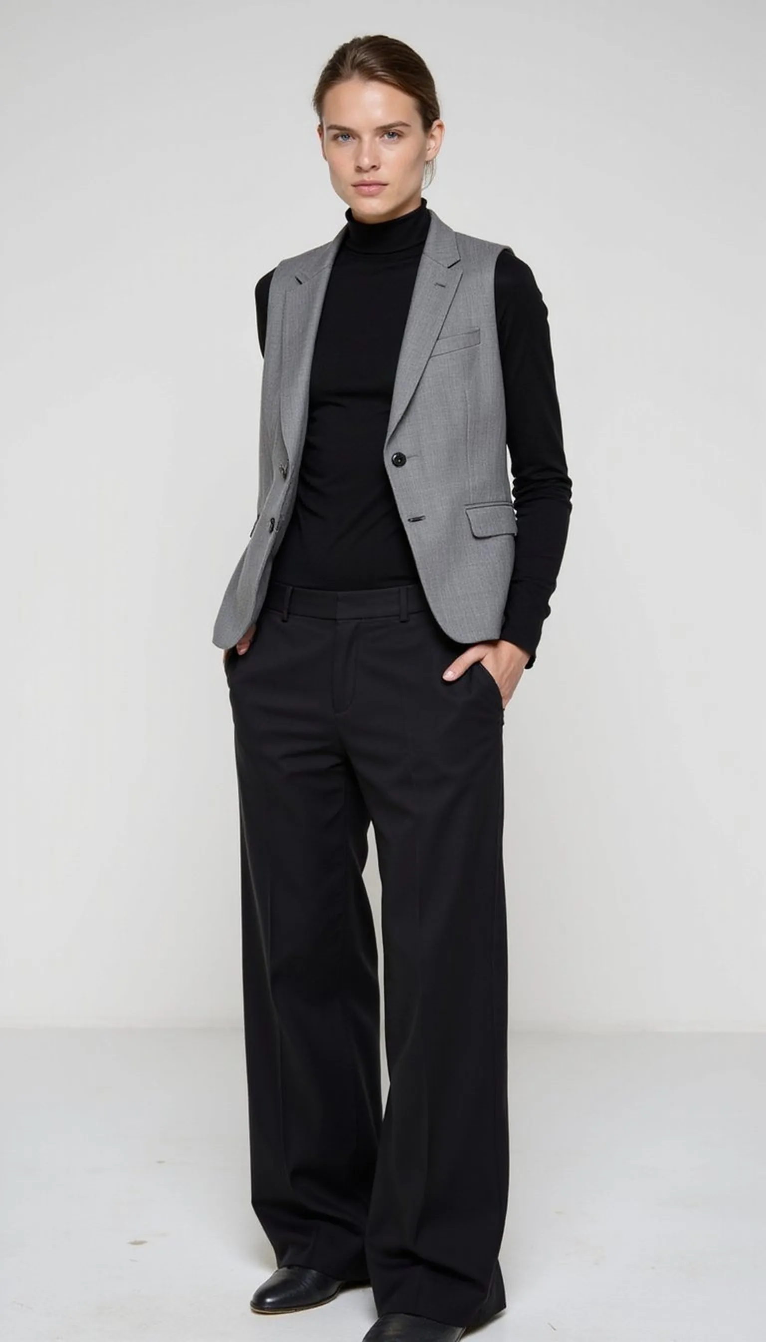 Turtleneck layered with sleeveless blazer