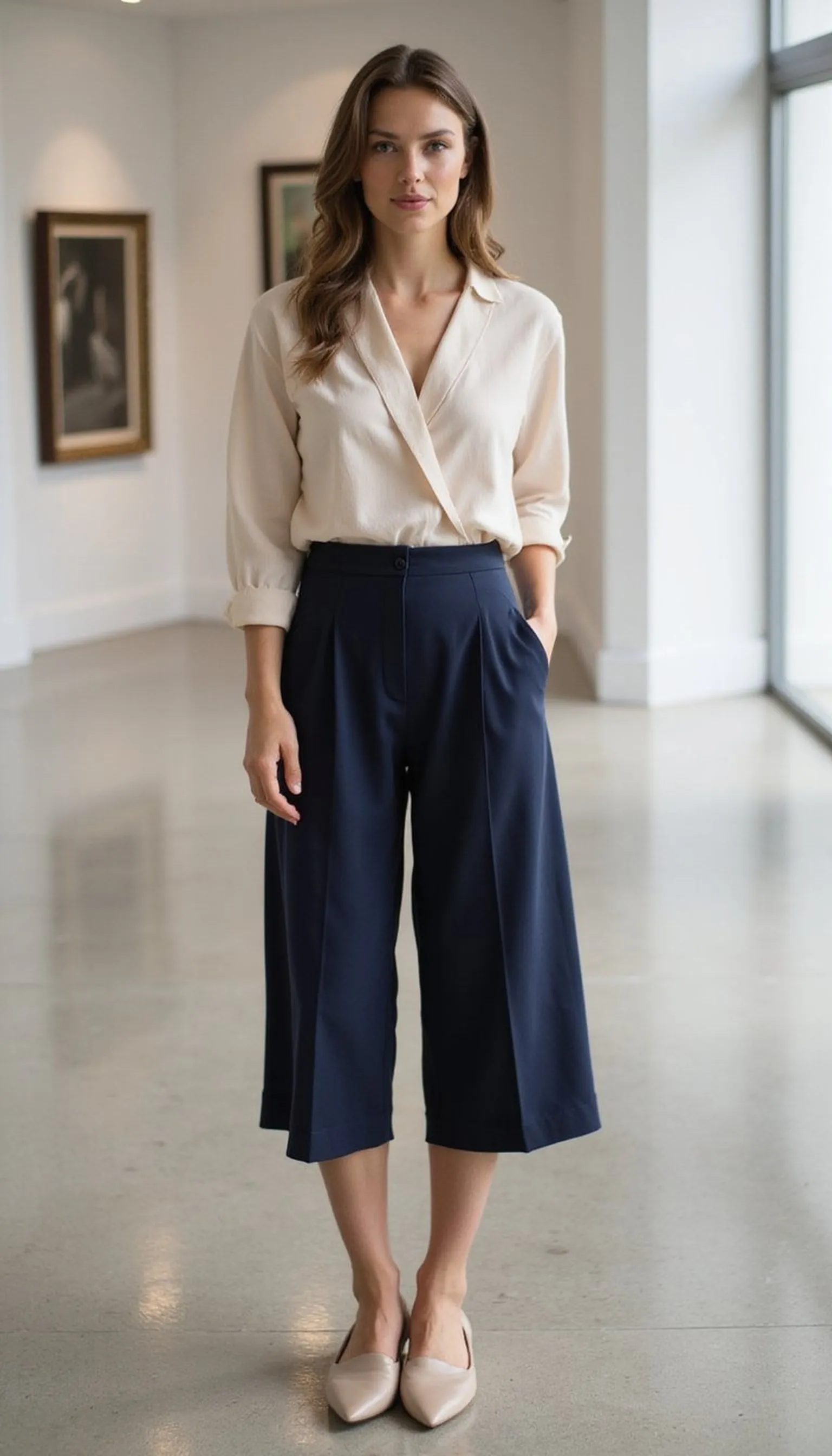 Wrap blouse with culottes for airy elegance