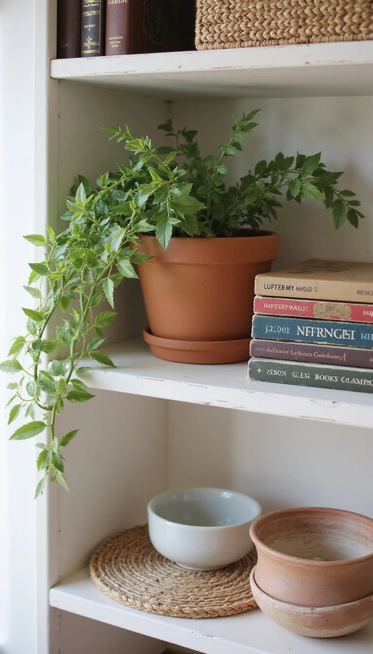 Boho shelf styling with rattan and greenery accents