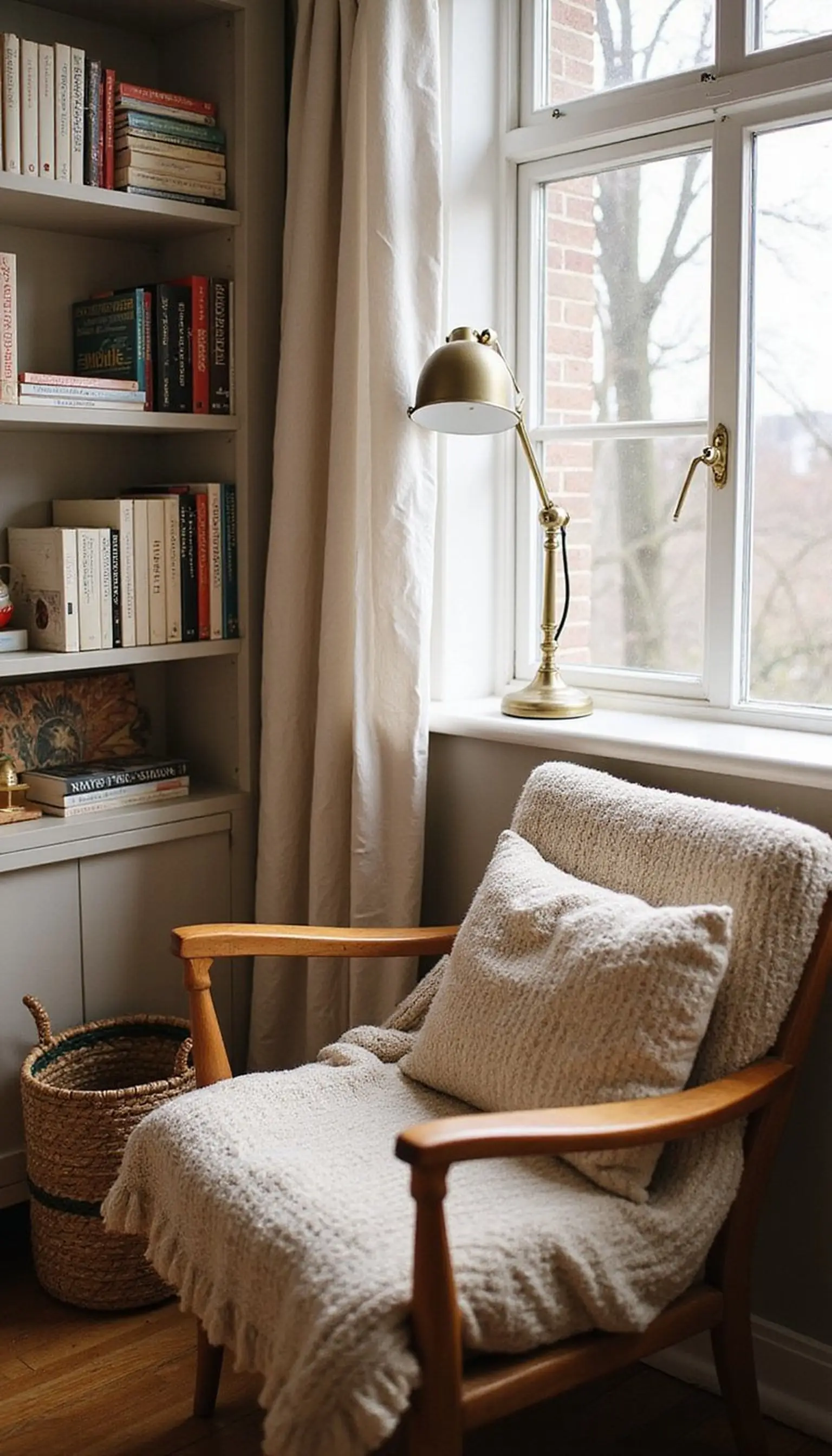 Cozy reading nook shelf with lamp and throw