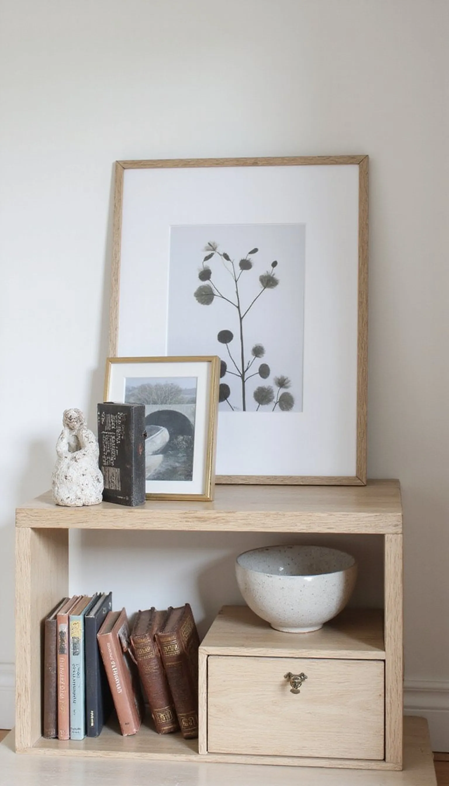 Gallery-style ledge on a bookshelf — framed art mix