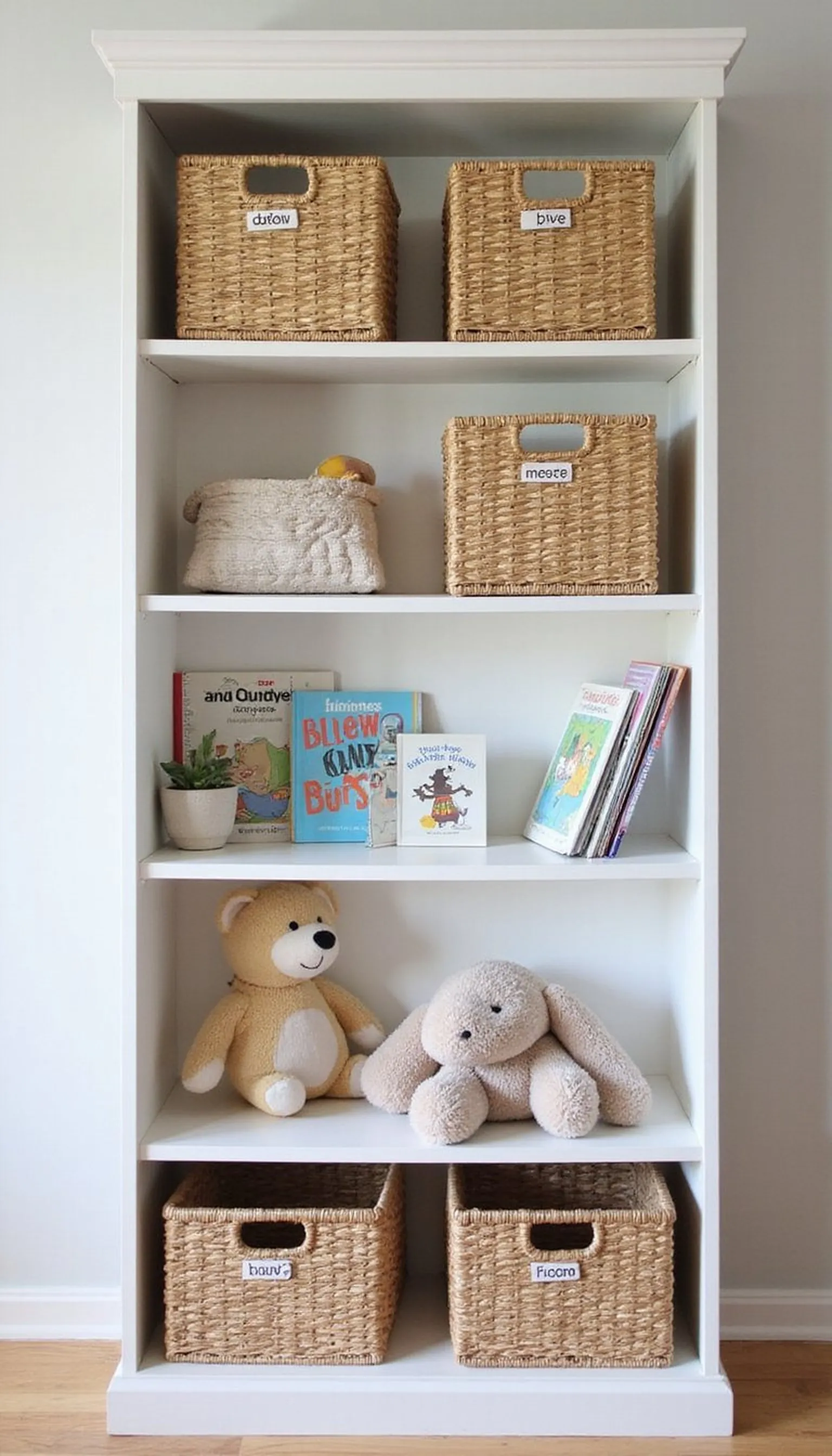 Kid-friendly shelf styling that still looks polished