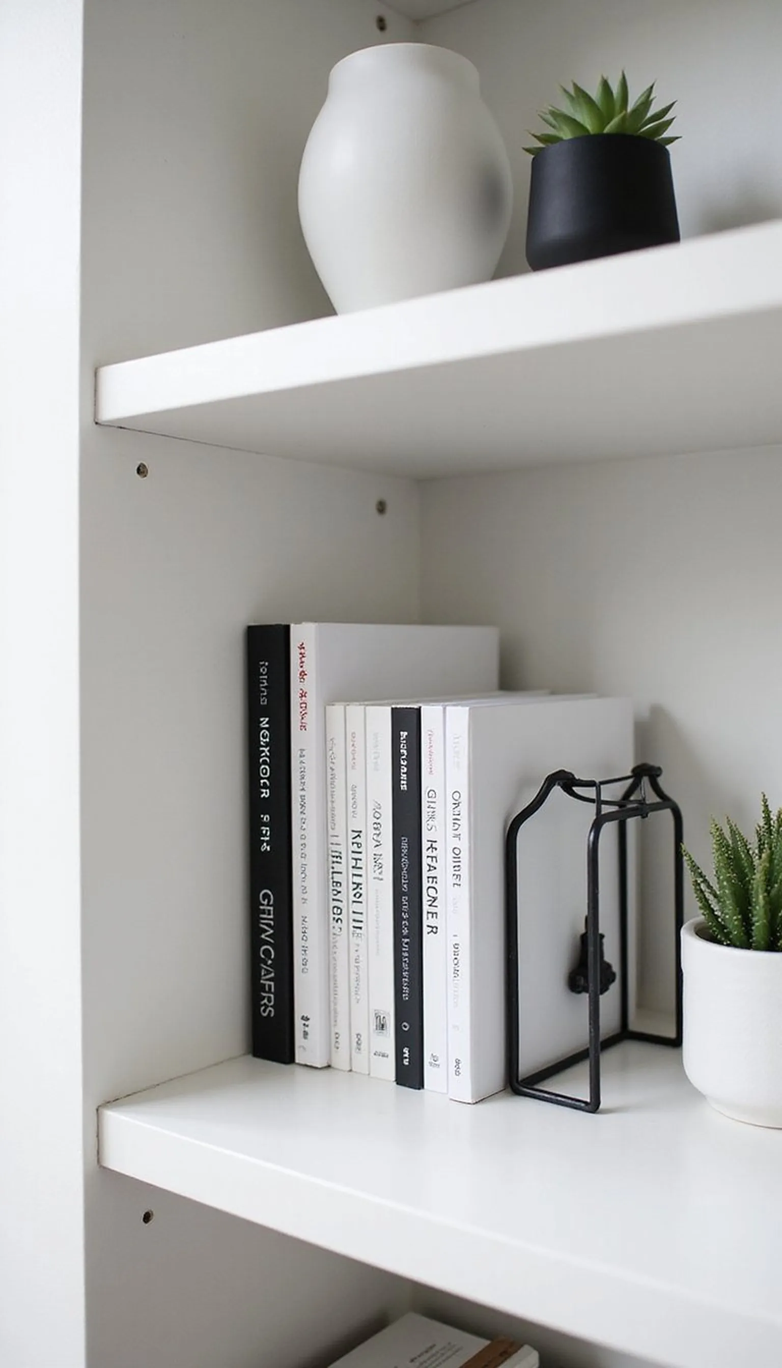Minimalist monochrome shelf styling for calm corners